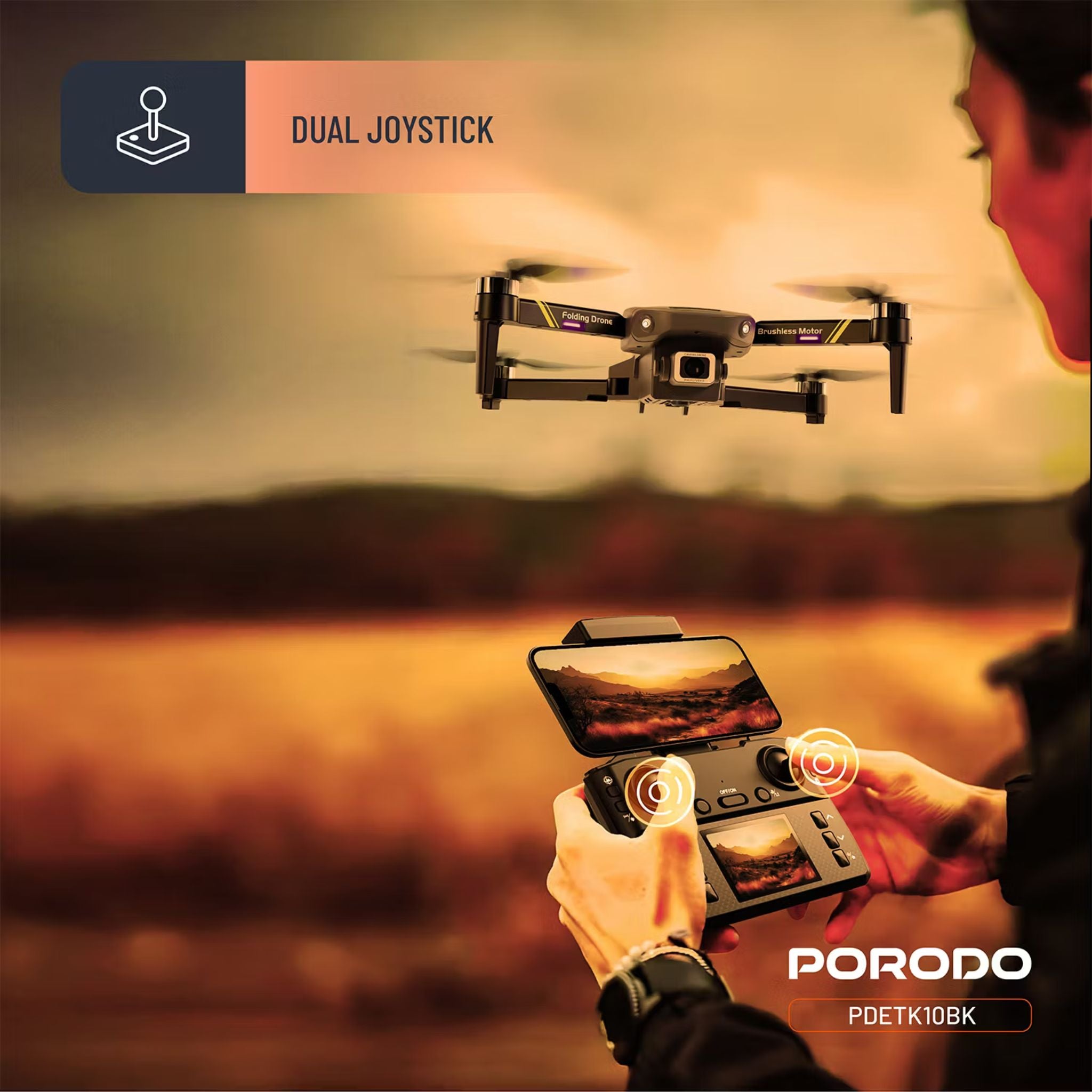 Porodo Aero View Drone with 120m Operational Distance, 360° Flip and Roll, Easy Takeoff & Landing, Up to 12 Minutes Flight Time, 10Km/h Max Speed, 120 Minutes Charging Time - Black