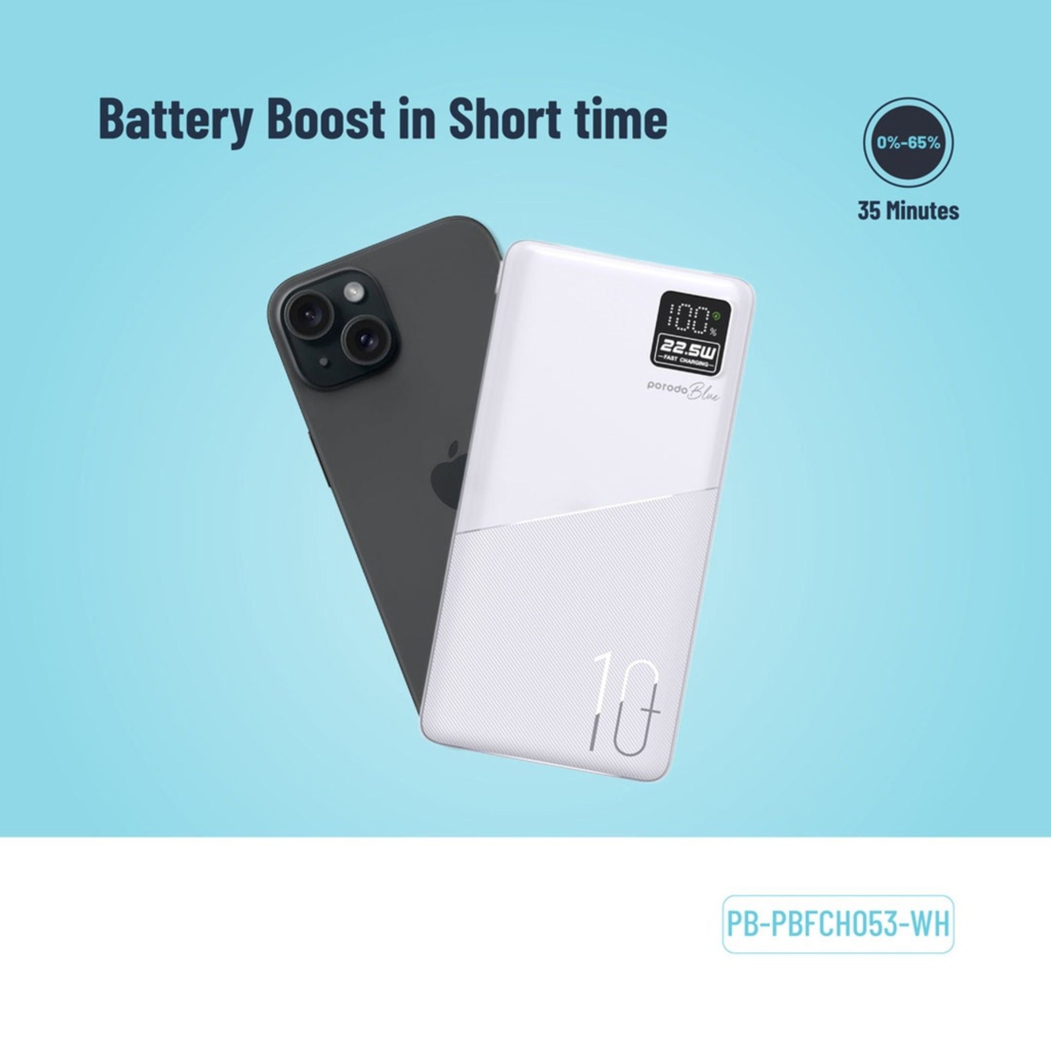 Porodo Blue Quick Charge Power Bank with USB-A & USB-C Outputs, 10000mAh Battery Capacity, Digital Display, 20W Power Delivery - White