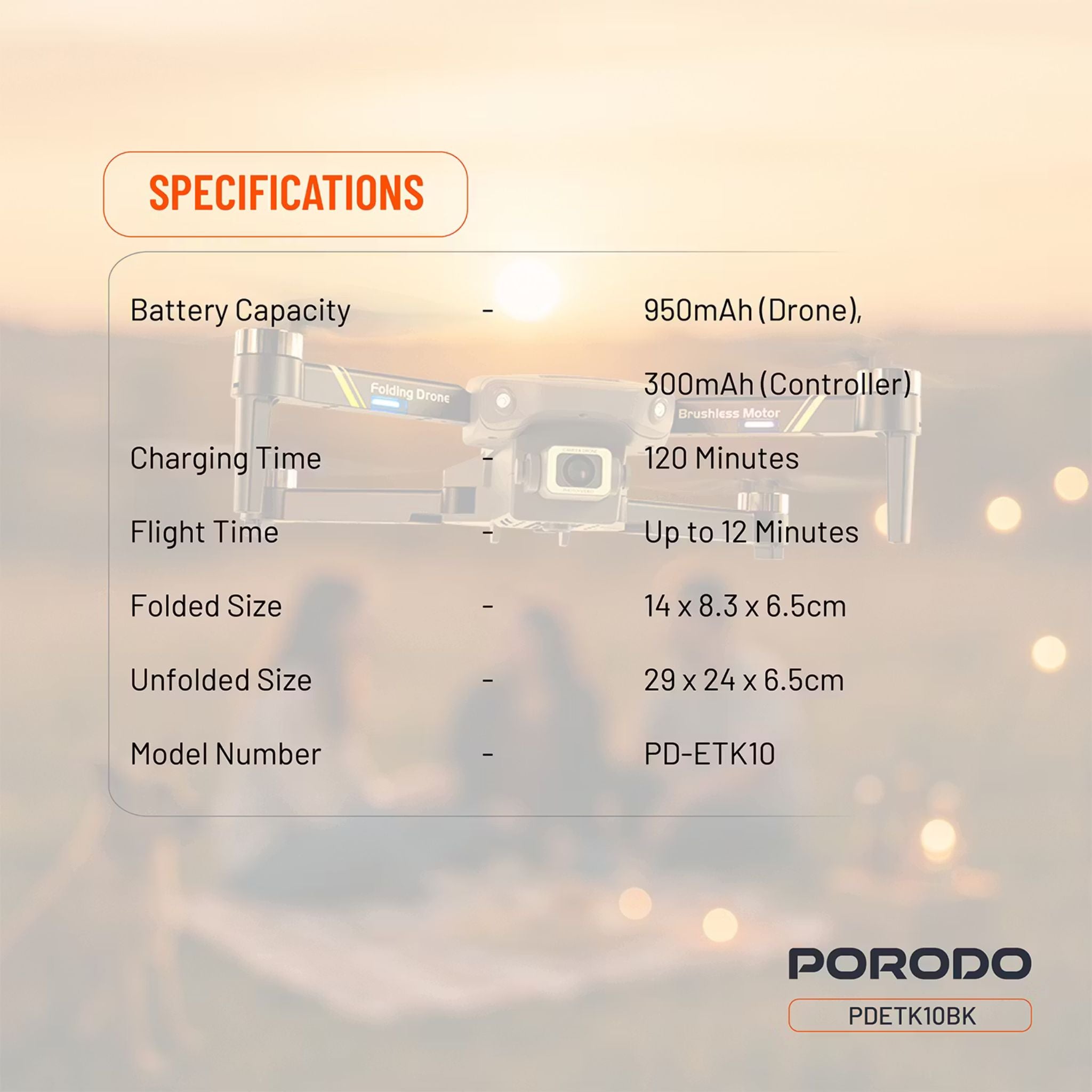 Porodo Aero View Drone with 120m Operational Distance, 360° Flip and Roll, Easy Takeoff & Landing, Up to 12 Minutes Flight Time, 10Km/h Max Speed, 120 Minutes Charging Time - Black