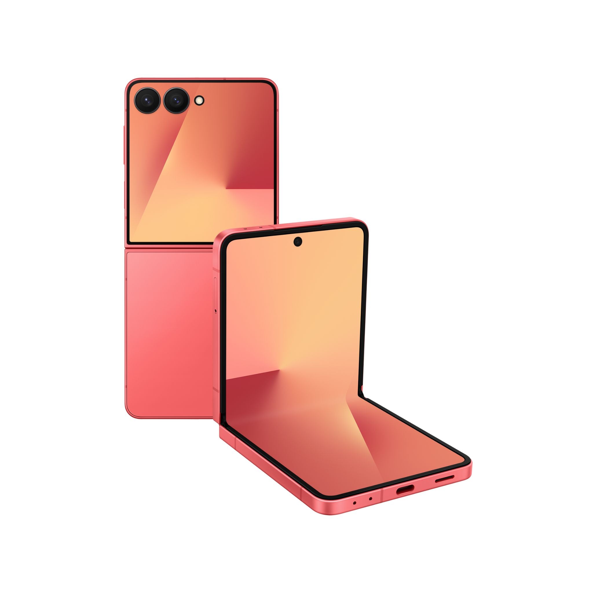 Two red smartphones showing front and back on a white background