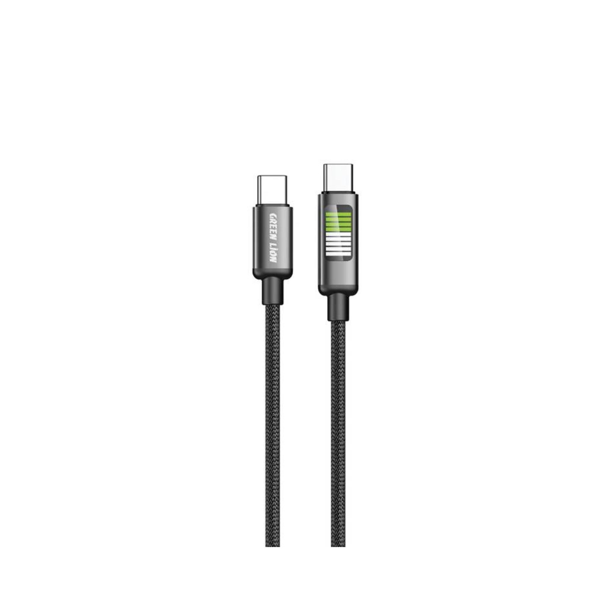 A black USB-C to USB-C charging cable with braided cable and aluminum alloy connectors, featuring an LED indicator.