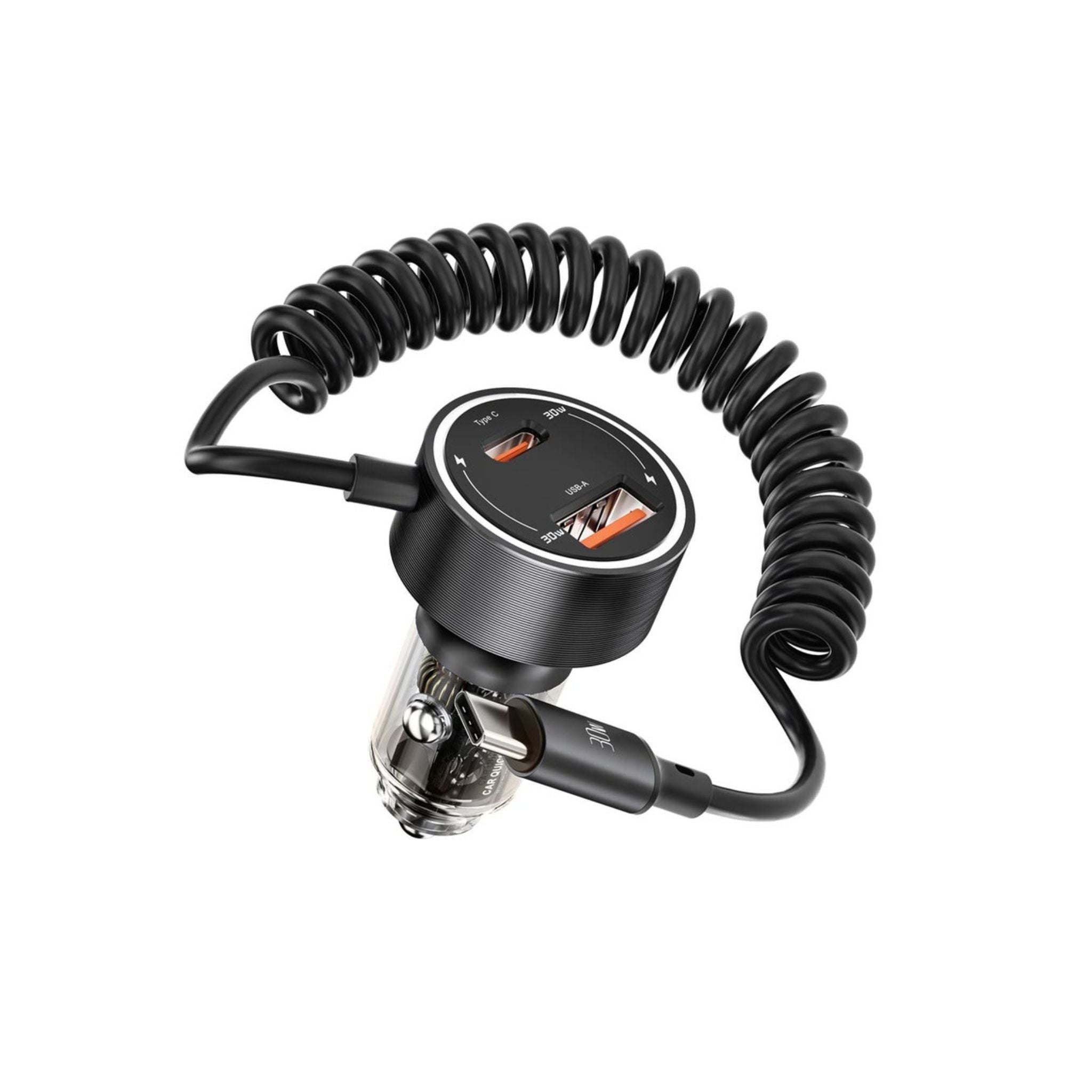 Porodo 60W Transparent Dual Port Car Charger with PD 30W & QC 18W, Integrated Type-C Cable, Aluminum Alloy & PC Material, Universal Compatibility, Simultaneous Charging - Black