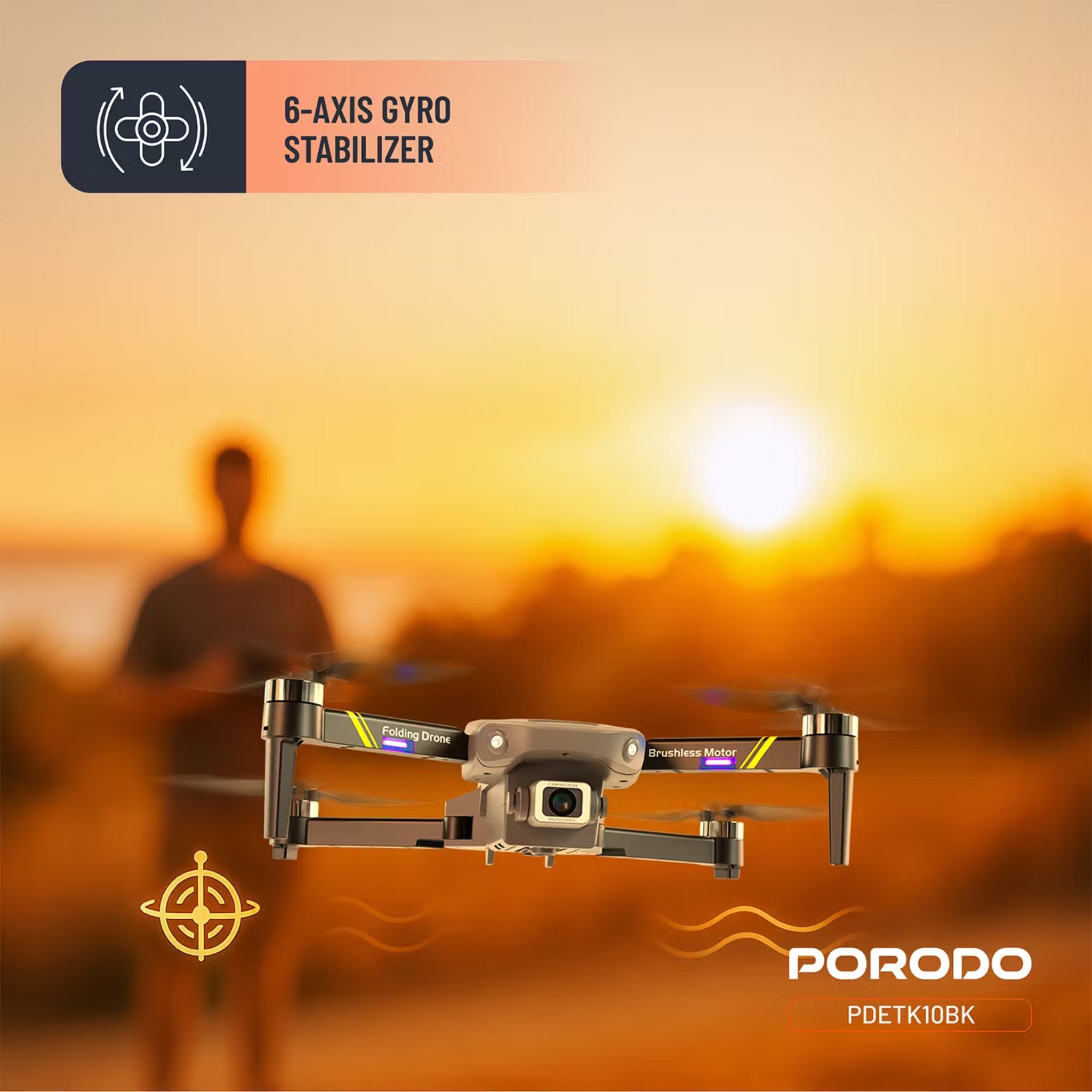 Porodo Aero View Drone with 120m Operational Distance, 360° Flip and Roll, Easy Takeoff & Landing, Up to 12 Minutes Flight Time, 10Km/h Max Speed, 120 Minutes Charging Time - Black