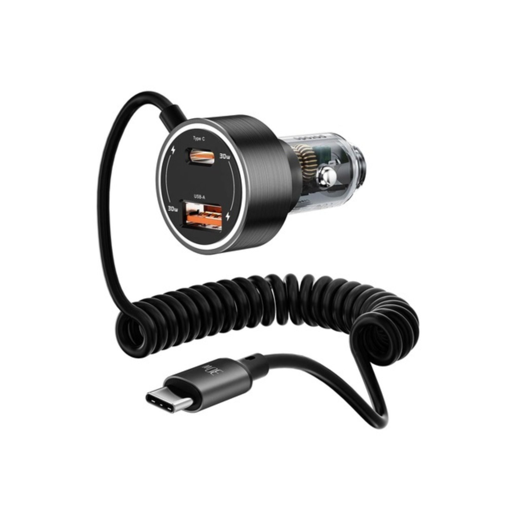 Porodo 60W Transparent Dual Port Car Charger with PD 30W & QC 18W, Integrated Type-C Cable, Aluminum Alloy & PC Material, Universal Compatibility, Simultaneous Charging - Black