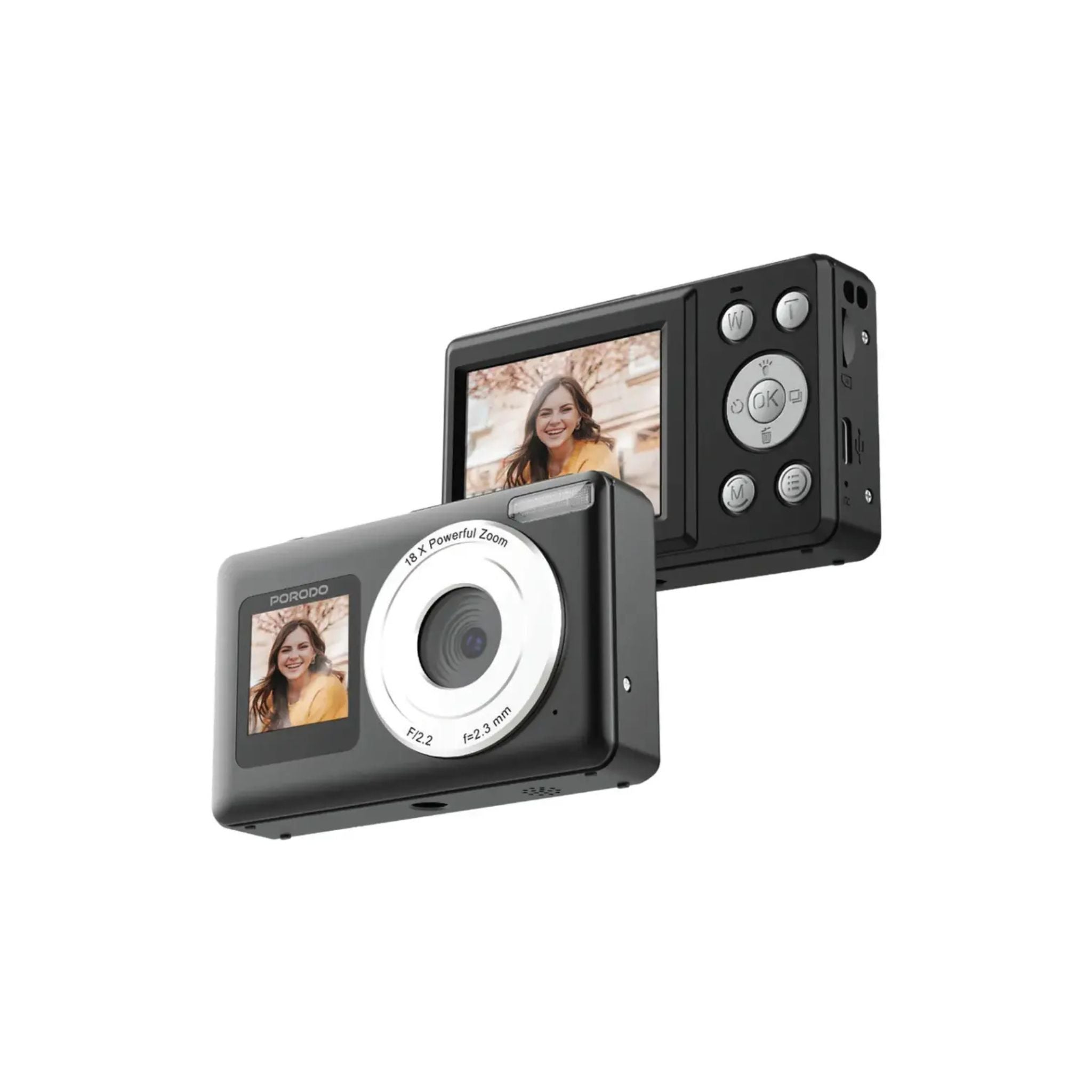 Digital camera with dual screens displaying a woman's face on a white background