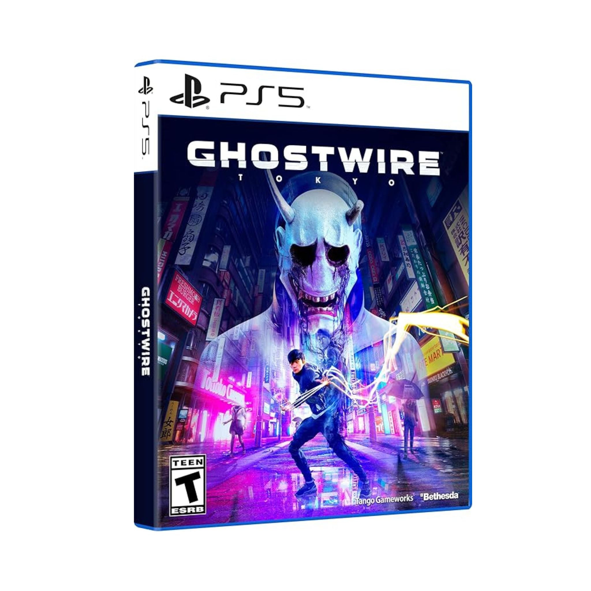 PS5 game case for 'Ghostwire: Tokyo' with a futuristic cityscape and character on the cover.