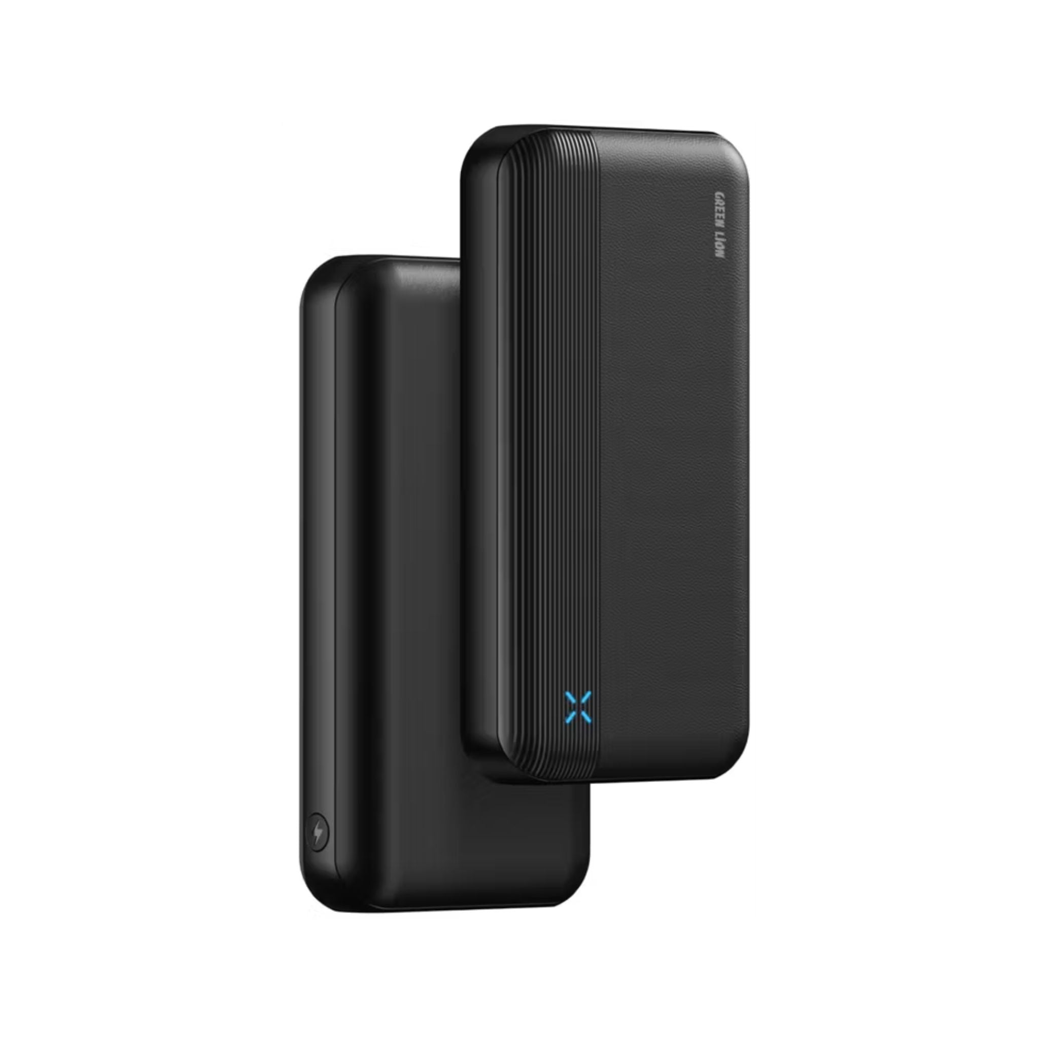 Black portable charger with a brand logo on a white background