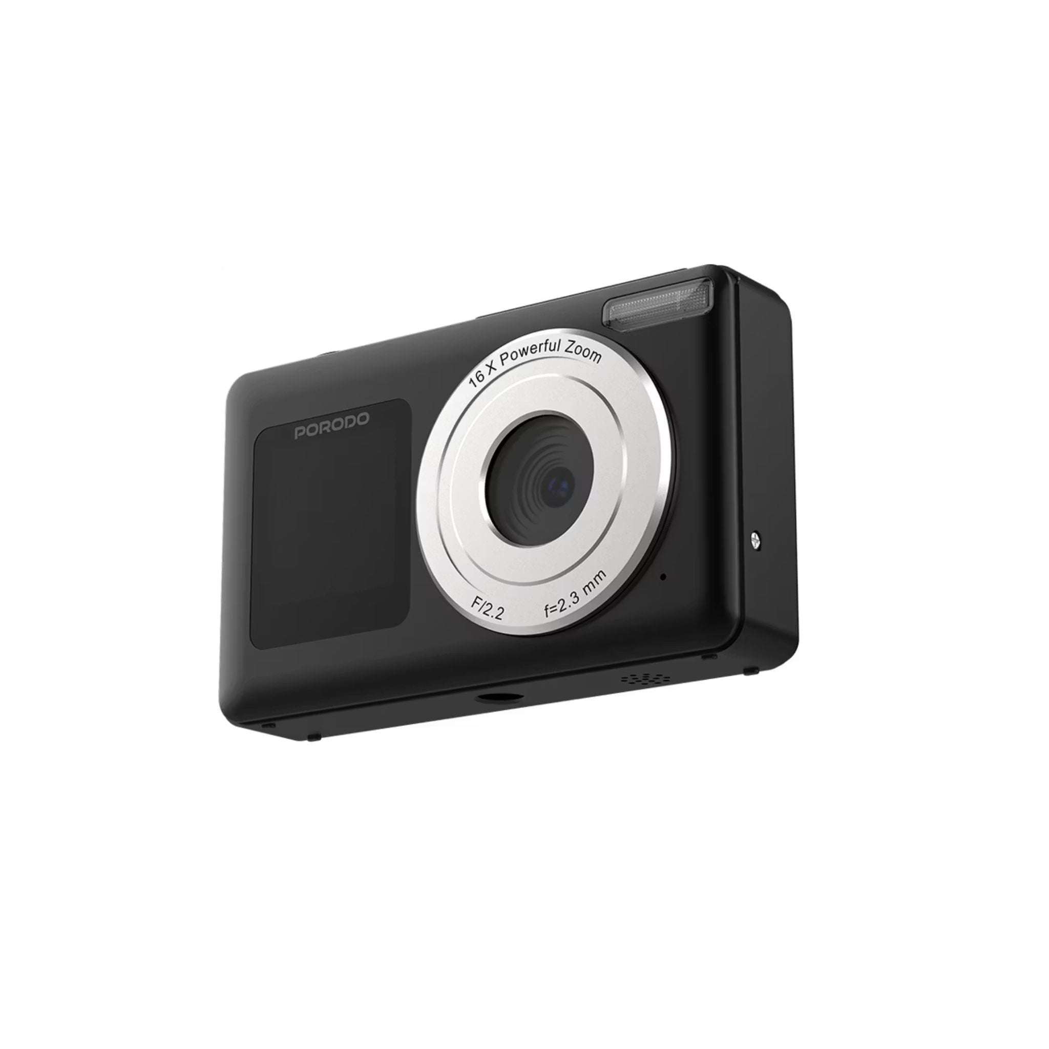 Porodo Dual-Screen Digital Camera with 18X Digital Zoom, Auto-Focus, Dual-Screen Display, 75° Wide View Angle, 4K Ultra HD - Black