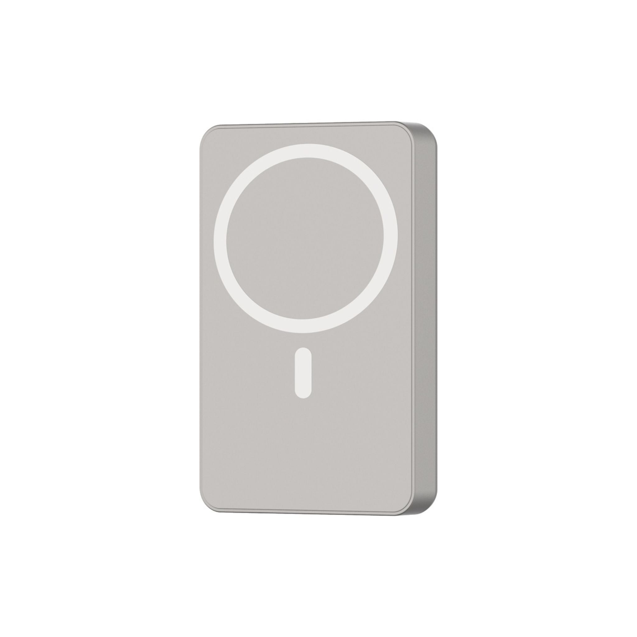 A rectangular power bank with a MagSafe circle on the front and a visible USB-C port. The color is gray or titanium, and the design is compact and modern.