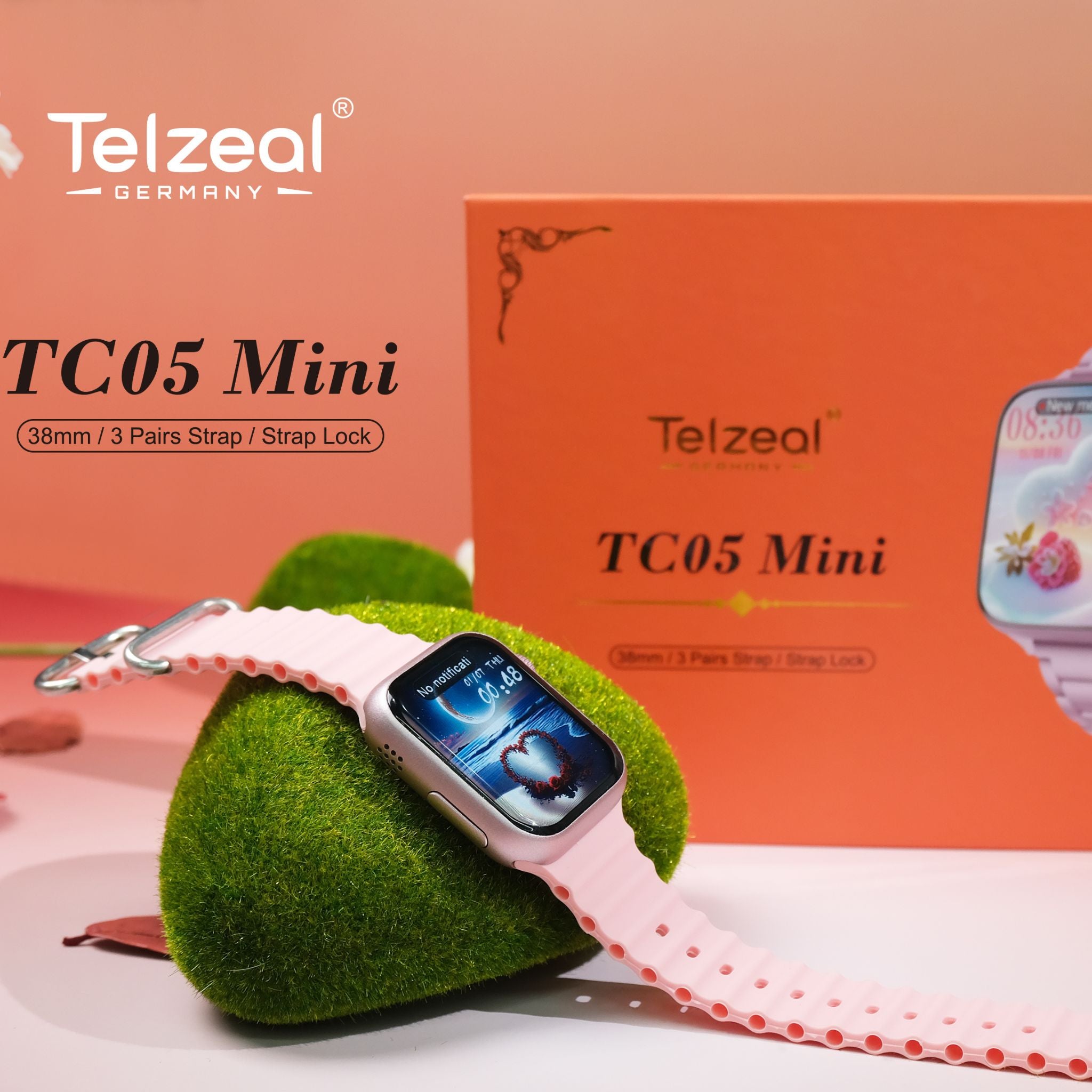 Telzeal TC05 Mini Smartwatch with 38mm HD Display, Includes 3 Pairs of Interchangeable Straps & Strap Lock, Bluetooth Calling, Fitness & Health Tracker, Notifications, Stylish Lightweight Design for Women & Teens – Pink