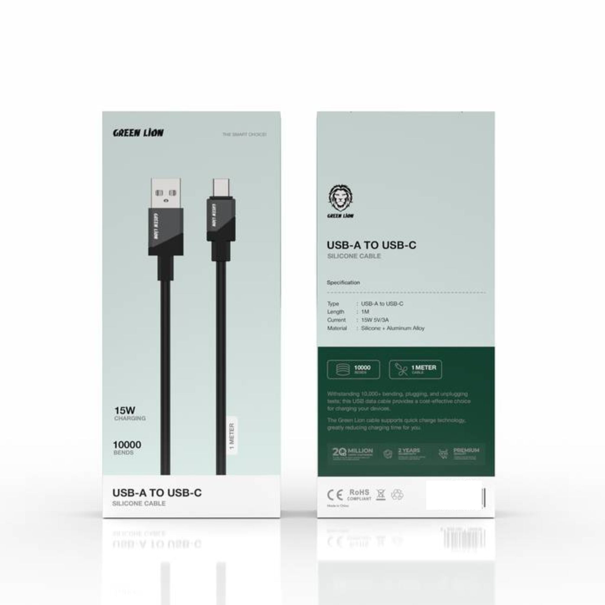 Green Lion USB-A to USB-C Silicone Cable with 480Mbps Transfer Speed, 15W Charging, Up to 10,000 Bends Lifespan, Wide Compatibility - Black