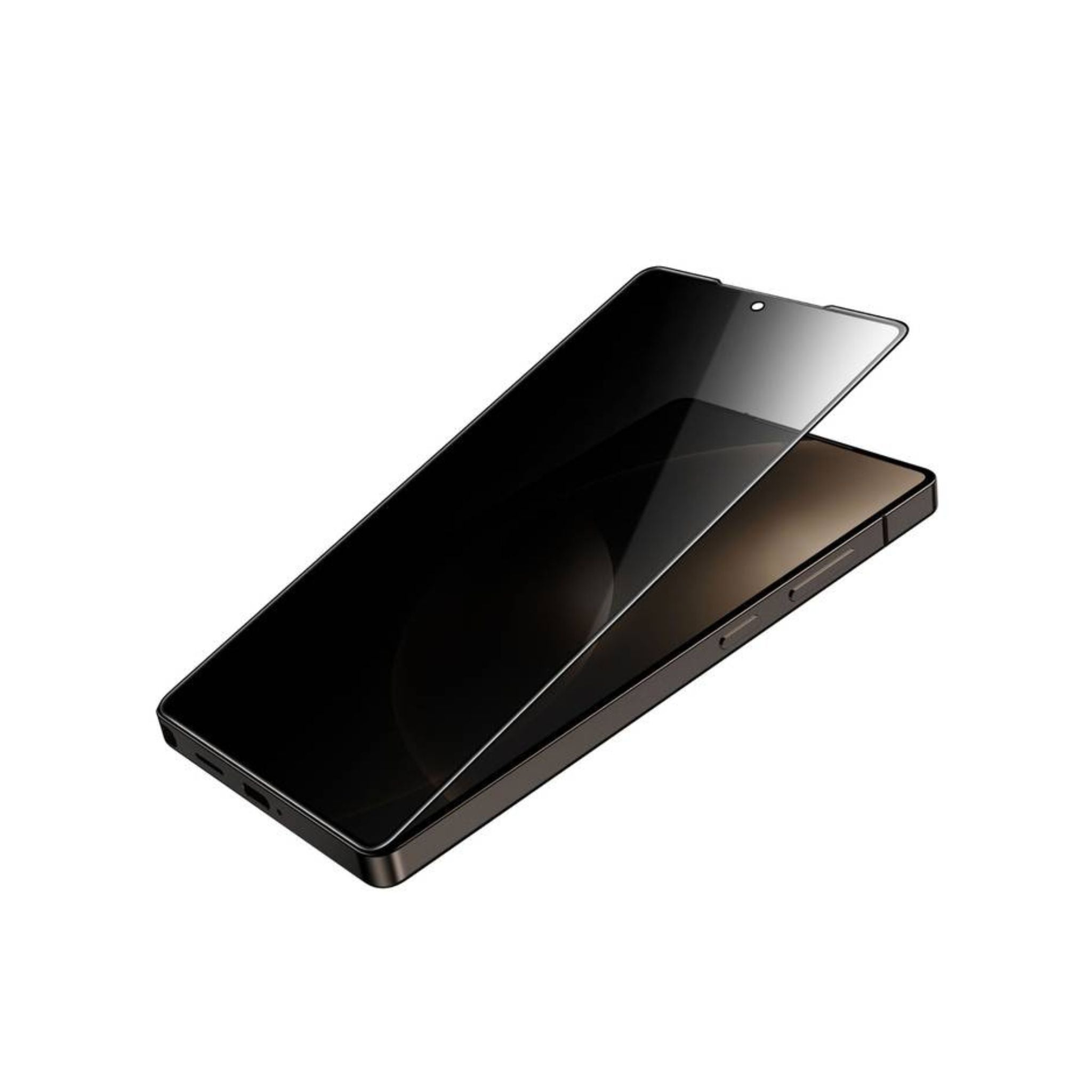 A black privacy shield glass for Samsung Galaxy S25 Ultra with a visible fingerprint unlock feature, showcasing its placement on the phone.