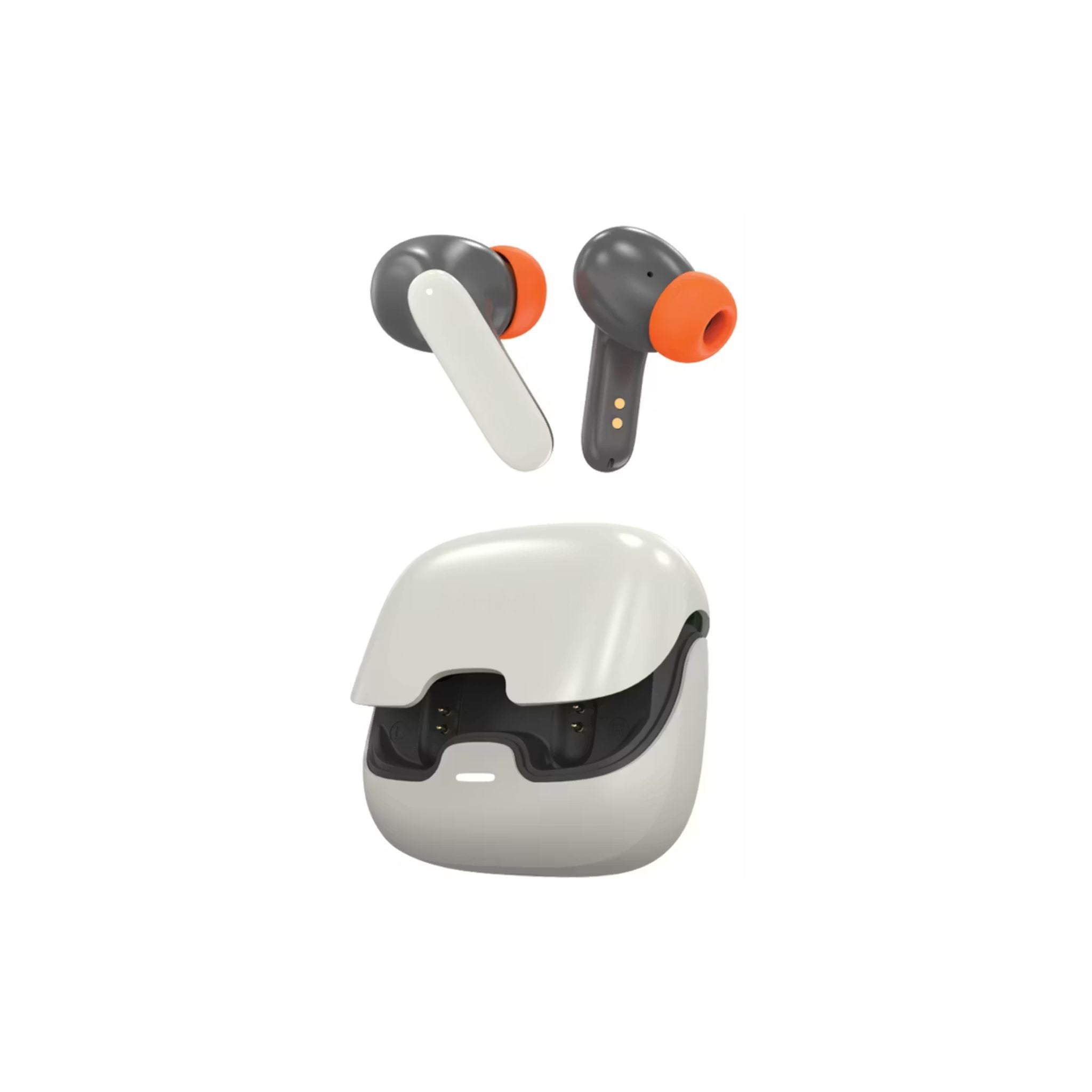Pair of wireless earbuds with a charging case on a white background