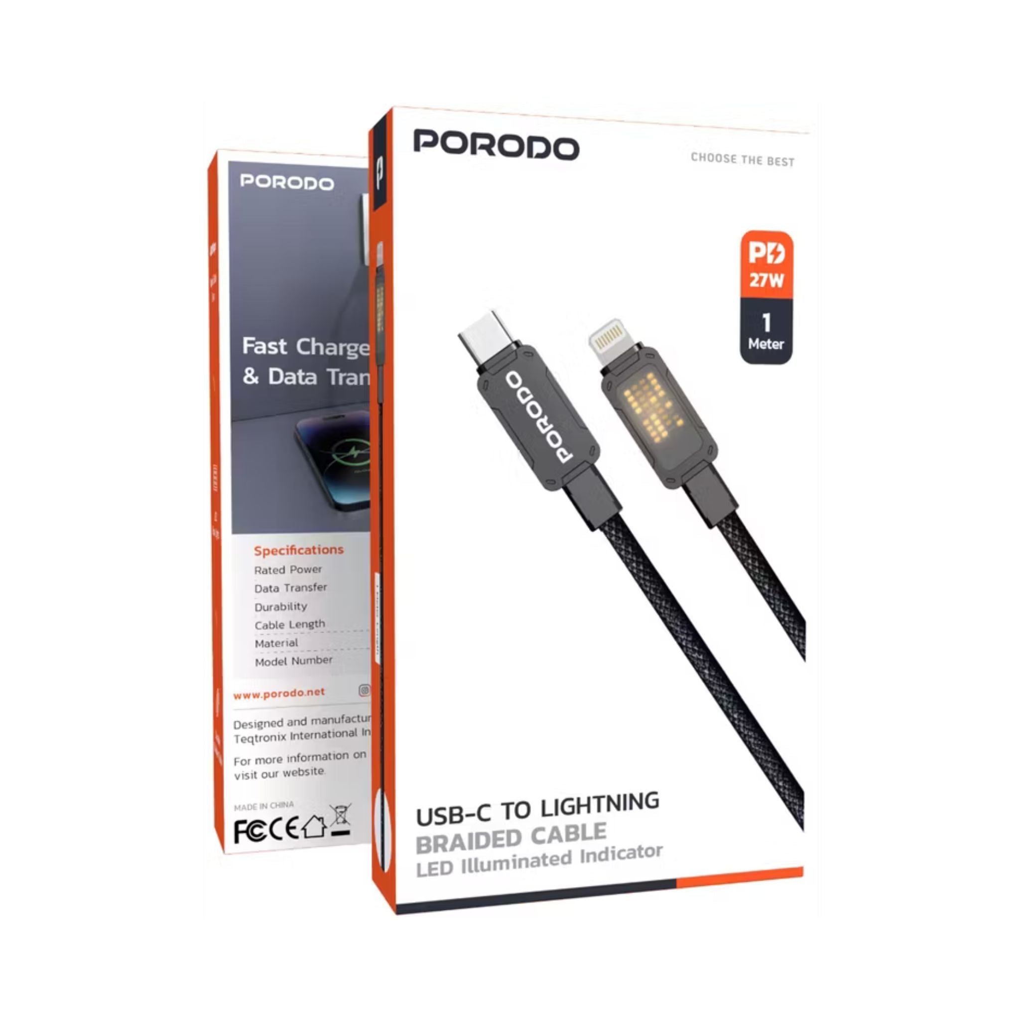 Porodo USB-C to Lightning Braided Cable with 27W Rated Power, 480Mbps Data Transfer, 1m Cable Length, Fast Charging & Data Transfer - Black
