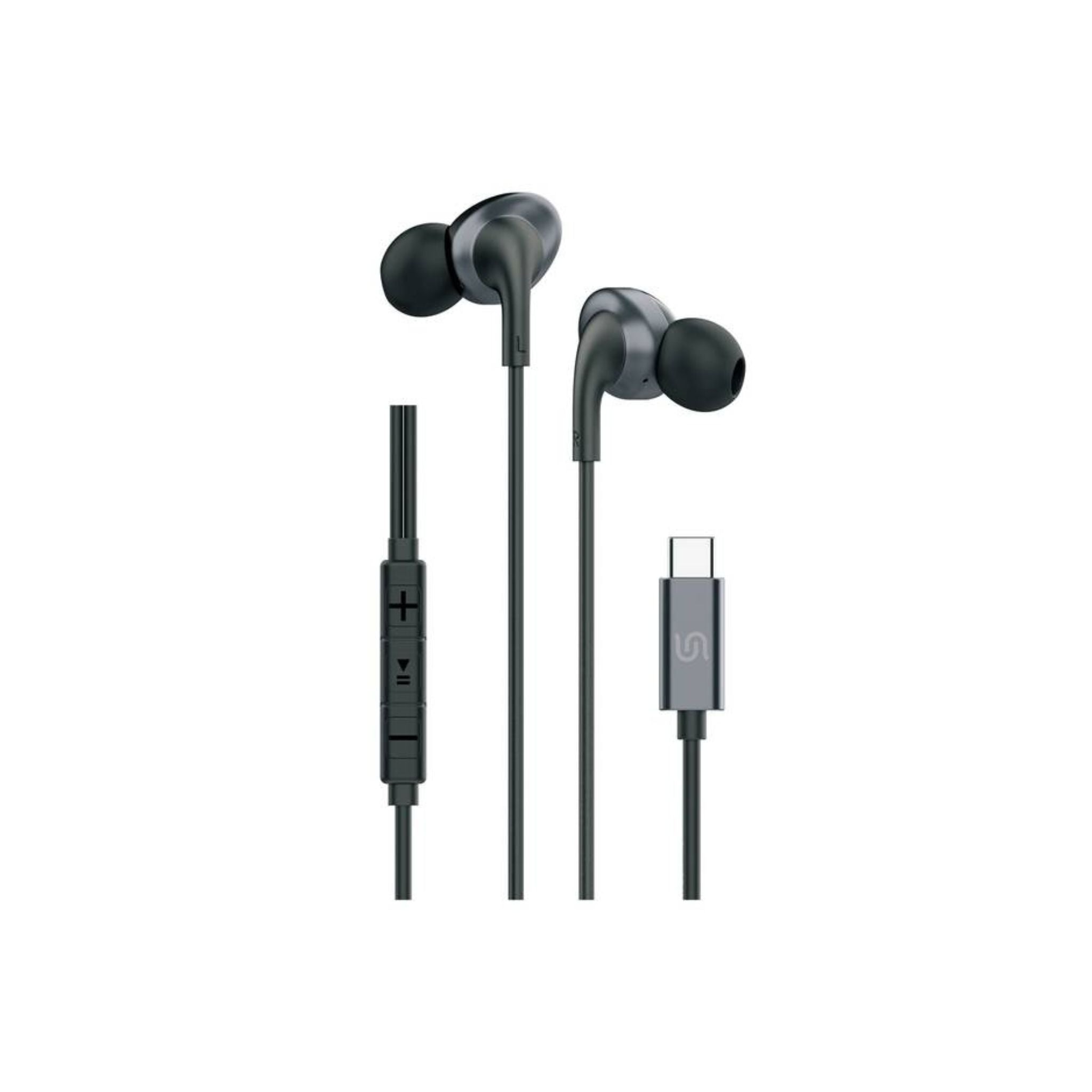 Porodo Soundtec Stereo Earphones with Type-C connection and a 1.2m cable, predominantly black in color.