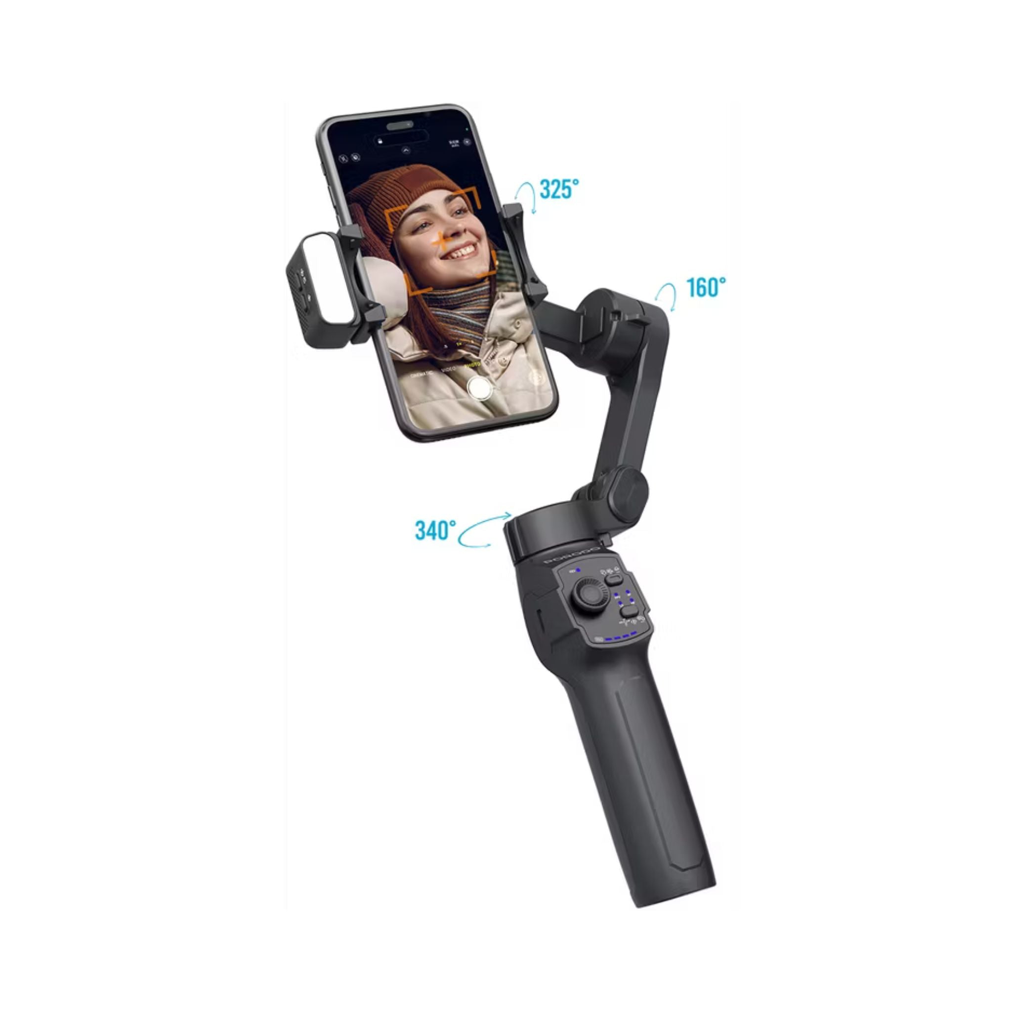 Phone holder with smartphone displaying a person wearing a headscarf, on a white background