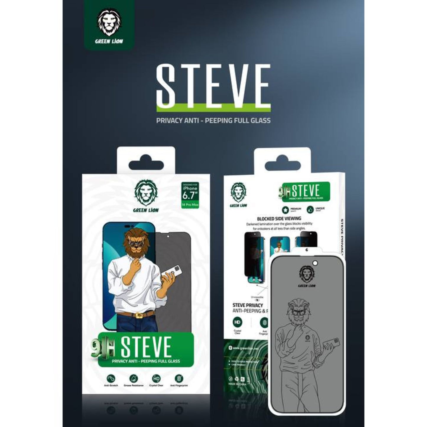 Green Lion 9H Steve Privacy Screen Protector for iPhone 14 Pro Max (6.7"), Anti Scratch, Anti Fingerprint, Highly Responsive - Black