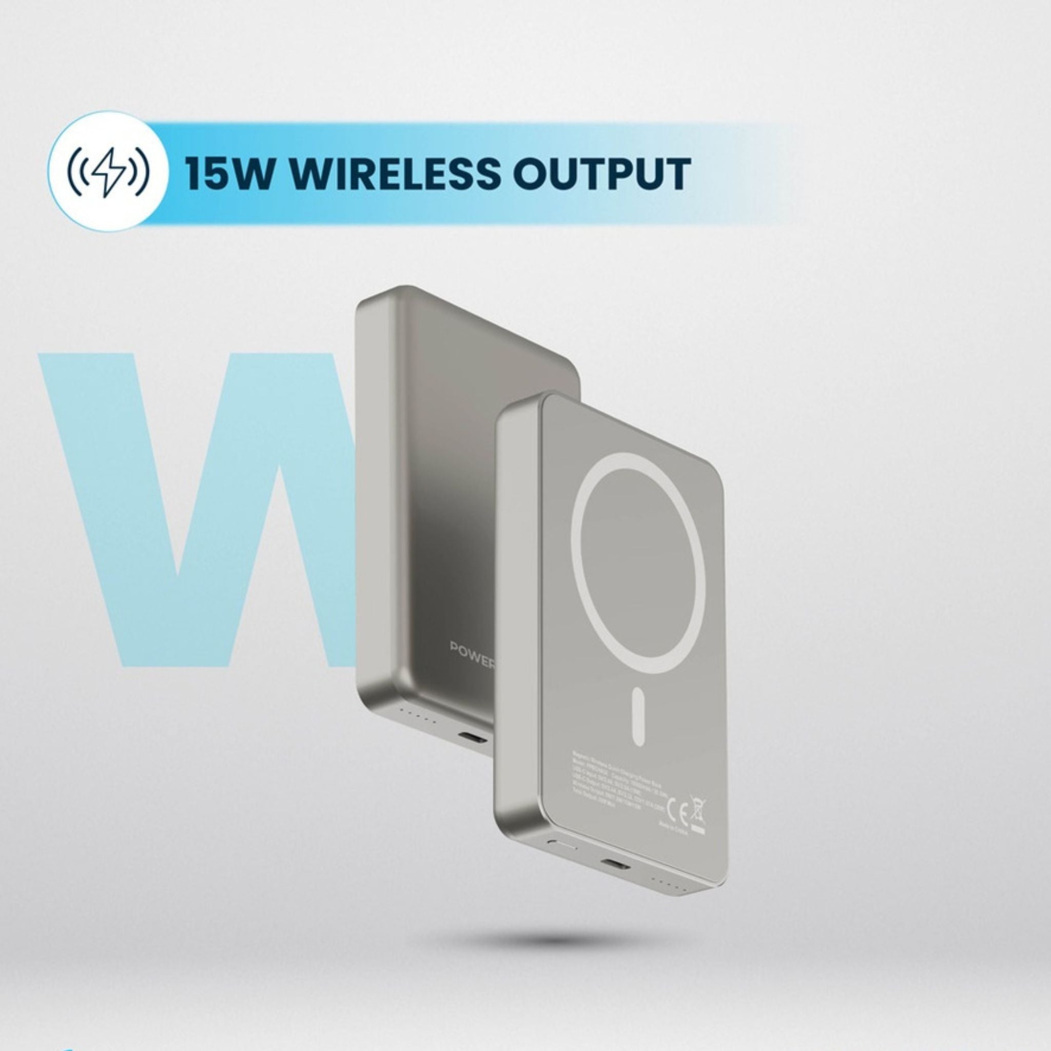 Powerology 10000mAh MagSafe Aluminum Power Bank with Battery Level Indicator, Lightweight & Compact Design, Fast & Simultaneous Charging, Type-C Input & Output, 15W Wireless Output - Titanium