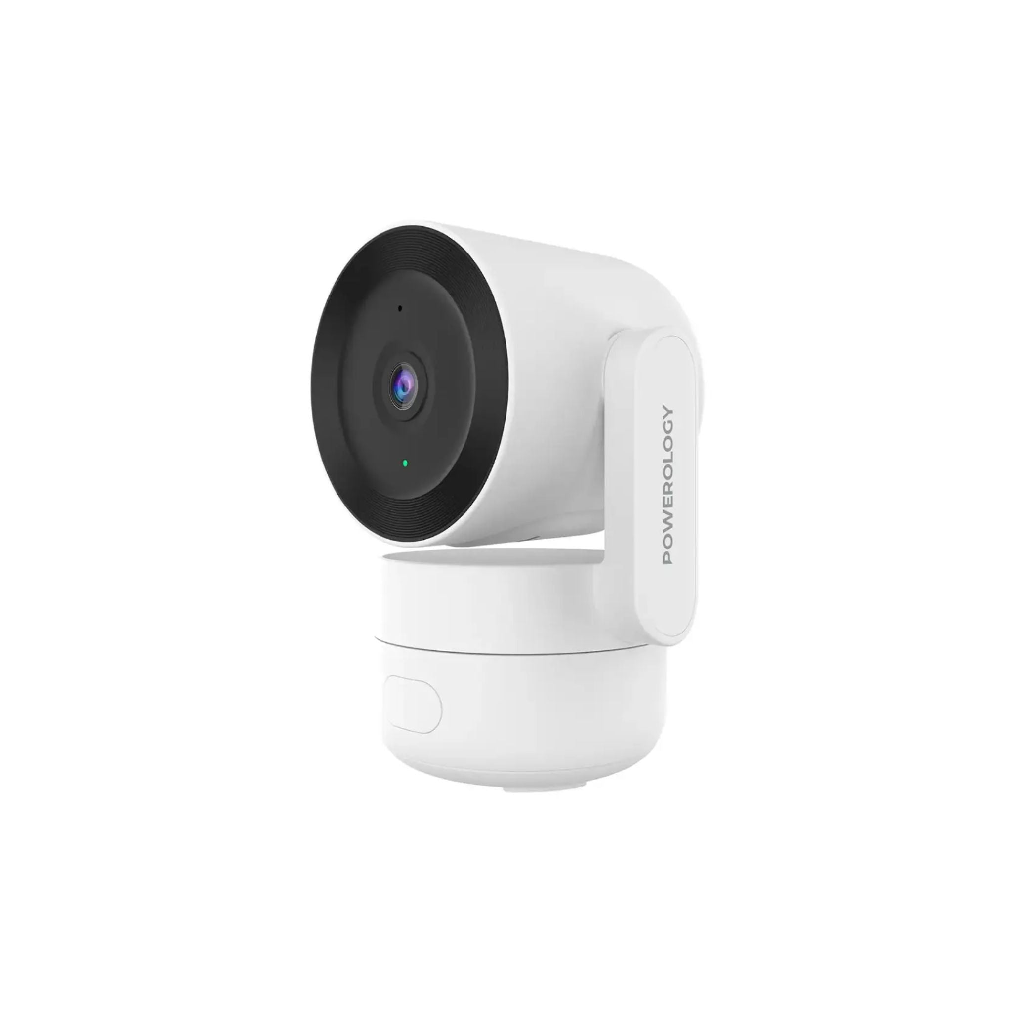 White security camera with black lens on a white background