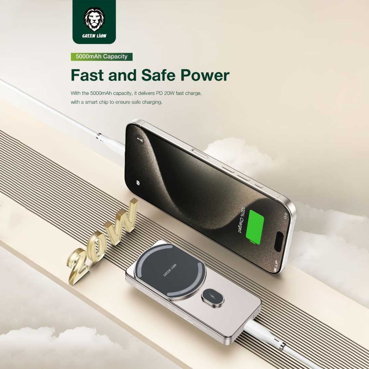 Green Lion 5000mAh Milton Powerbank, 15W Wireless Charging, Strong Magnetic, Pure cobalt Battery, Smart Chip - Titanium
