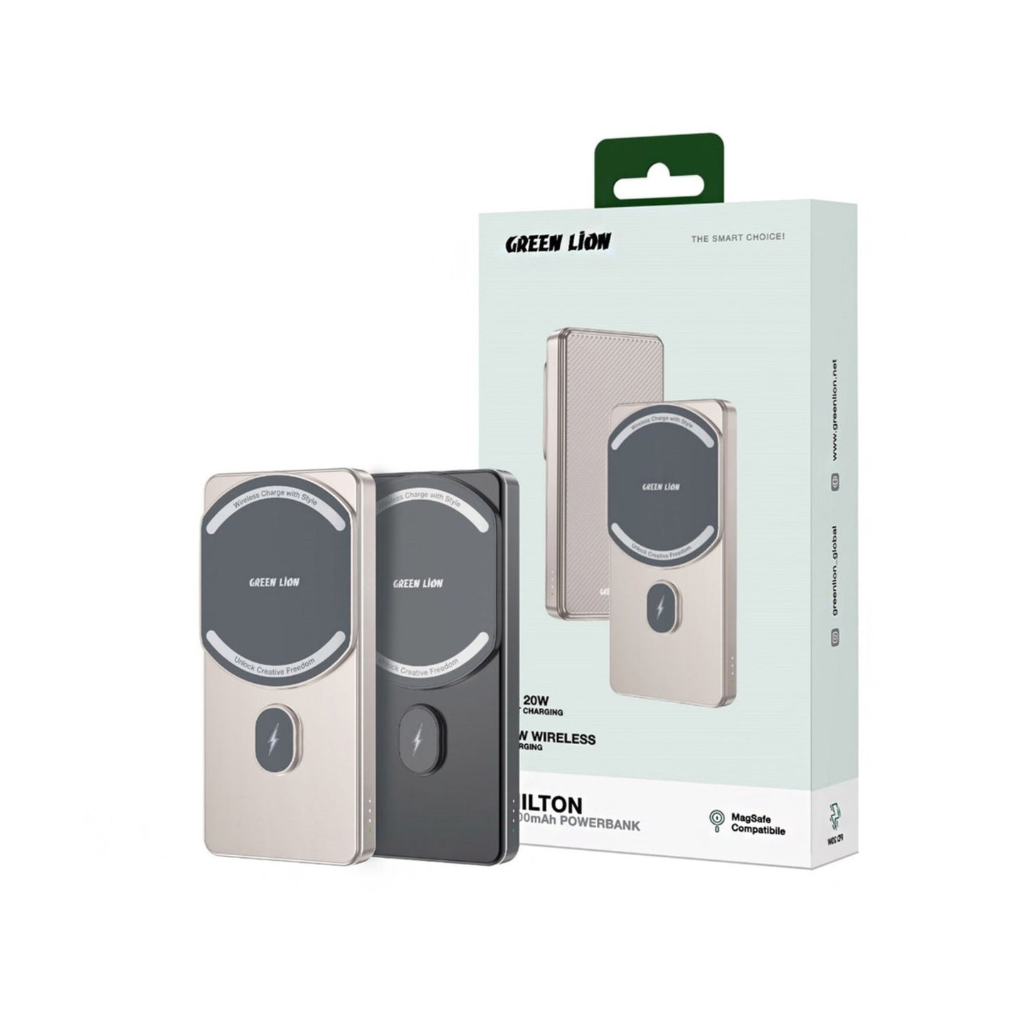 Green Lion 5000mAh Milton Powerbank, 15W Wireless Charging, Strong Magnetic, Pure cobalt Battery, Smart Chip - Titanium