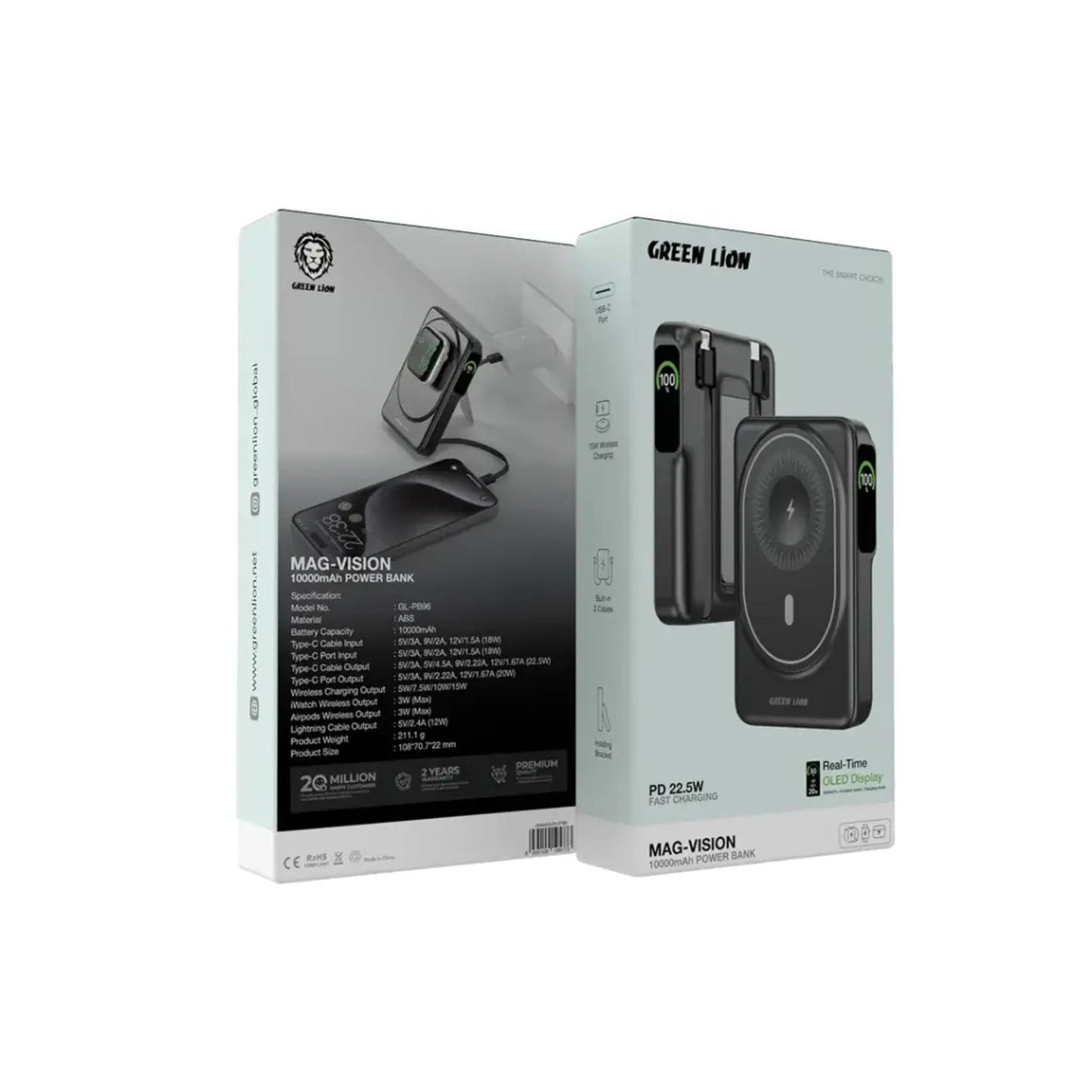 Green Lion Mag-Vision 10000mAh Power Bank with Holding Bracket, 2 Built-in Cables, USB-C Port, Fast Charging Support, 22.5W Power Delivery, 15W Wireless Charging - Black