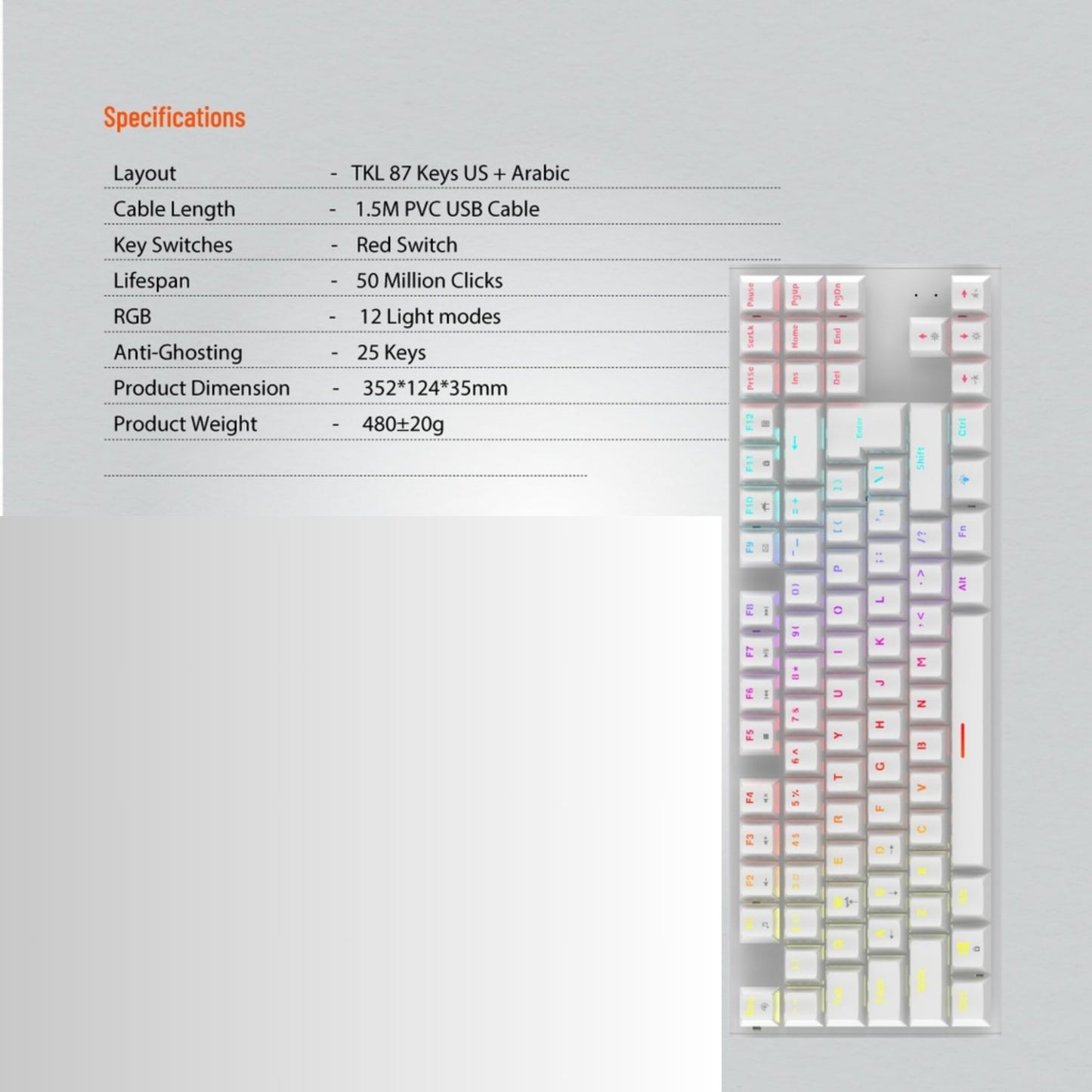 Porodo Gaming Mechanical keyboard with suspending keycaps - White