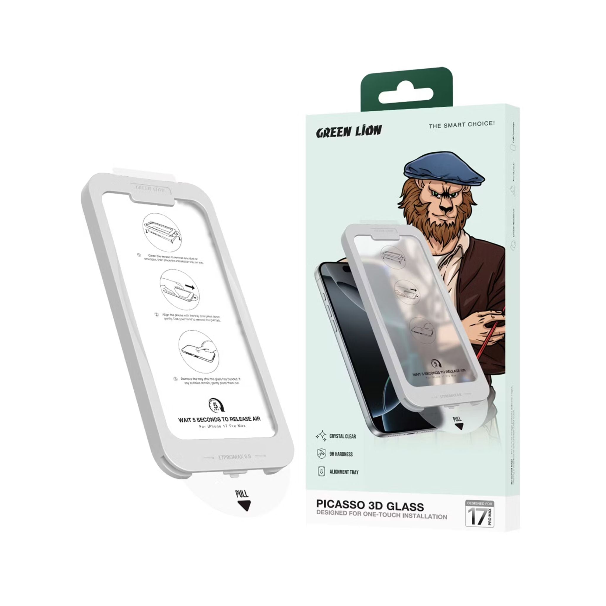 Green Lion Picasso 3D Glass for iPhone 17 Pro Max, Alignment Tray, HD Clear Glass, Anti-Fingerprint, 9H Hardness, Anti-Scratch, Bubble Free - Clear