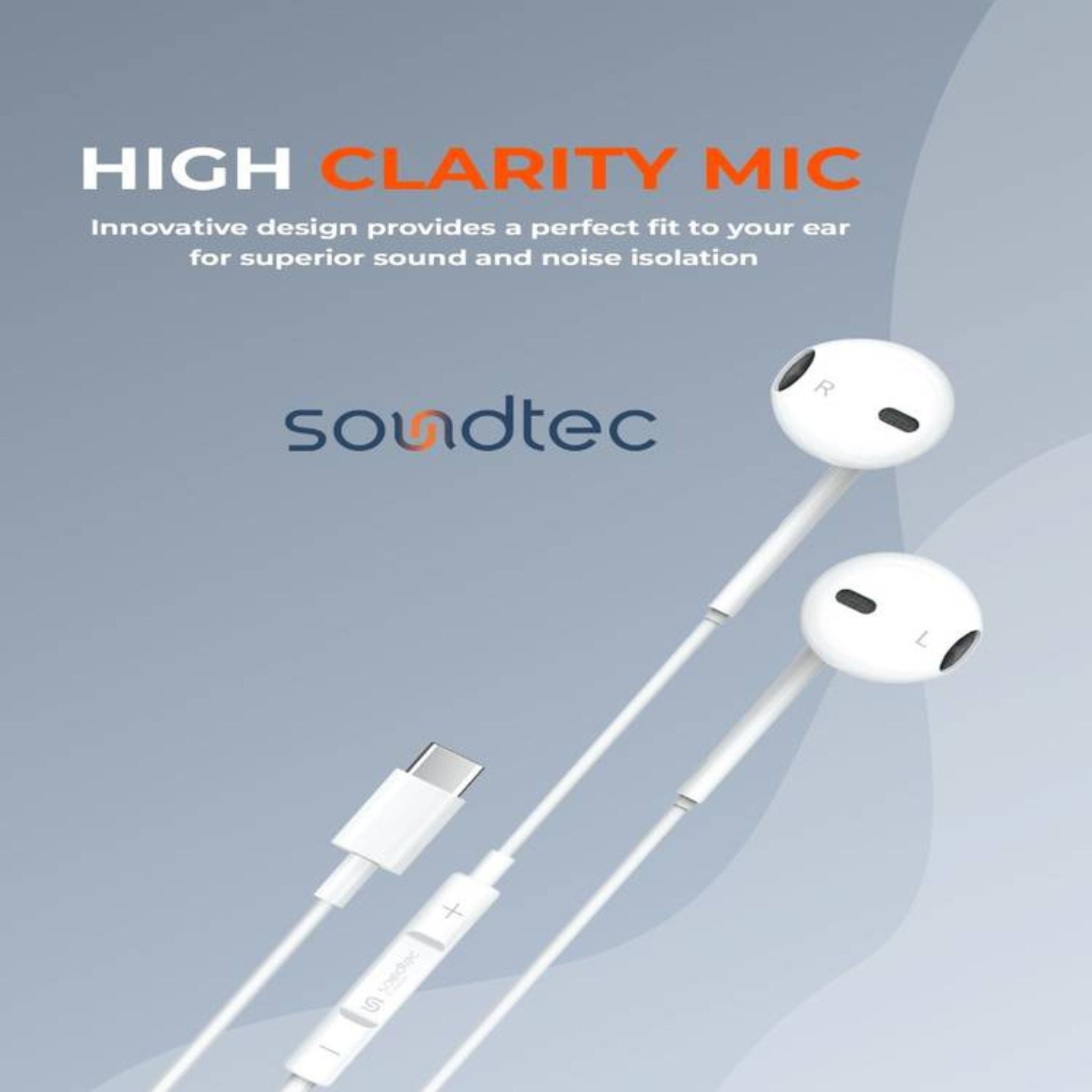 Porodo Soundtec Stereo Earphones with Type-C Connector, High-Clarify Microphone, ABS Material, 120 cm Tangle Free Cable - White