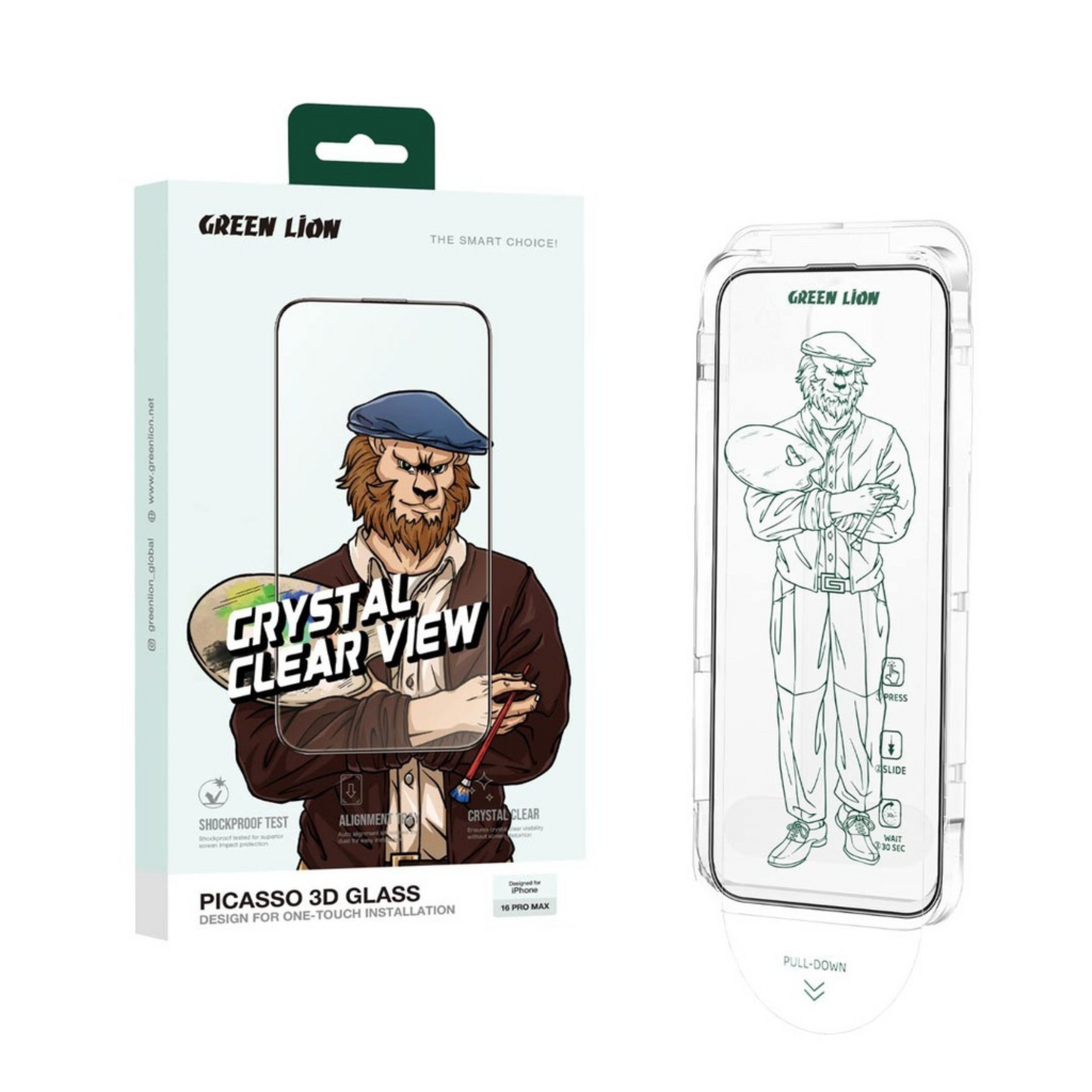Green Lion Picasso 3D Glass With Alignment Tray iPhone 16Pro Max - Clear