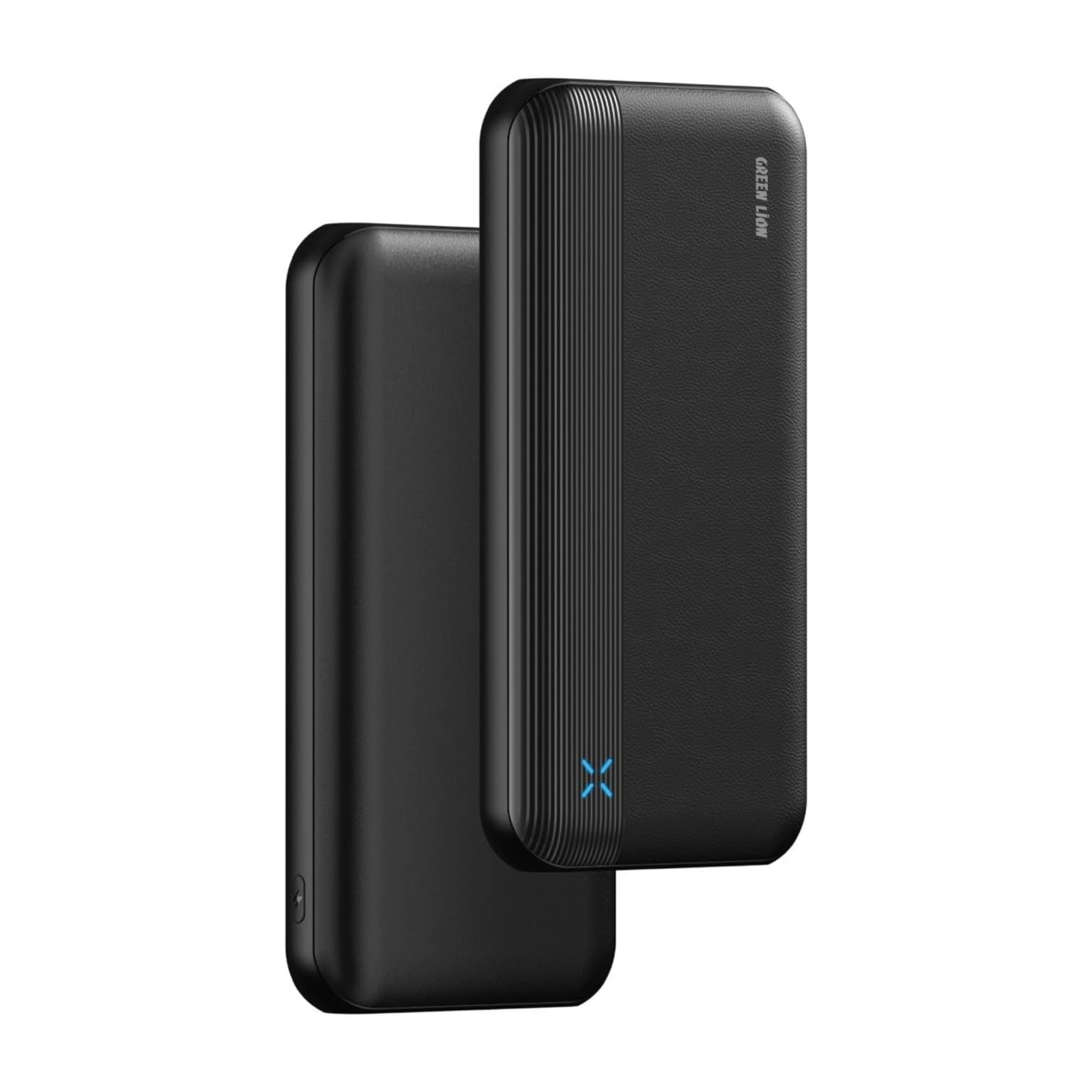 Black power bank with a blue logo on a white background