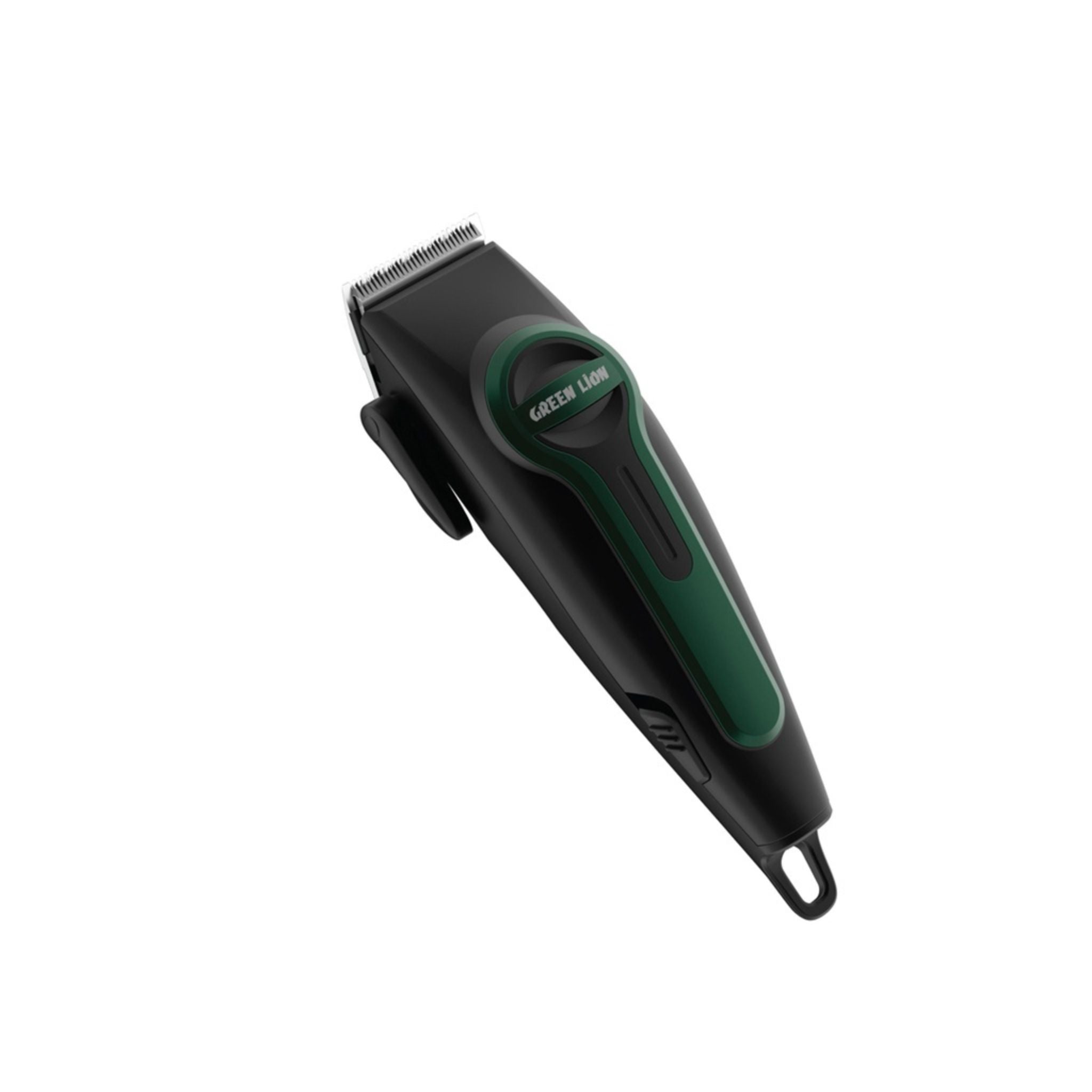 A black and green Green Lion professional hair clipper with a power button and a USB charging port.