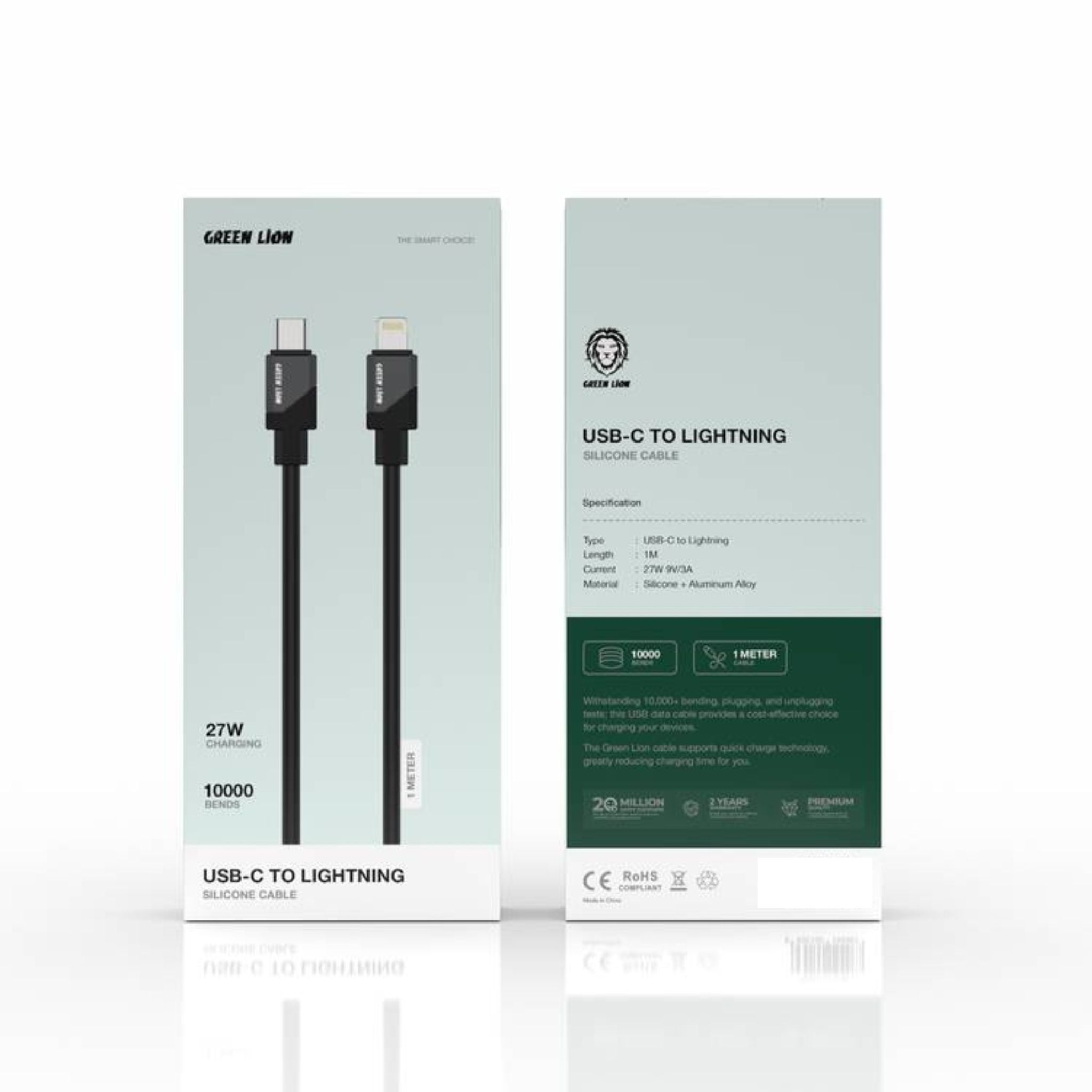 Green Lion USB-C to Lightning Silicone Cable with 480Mbps Transfer Speed, 27W Charging, Up to 10,000 Bends Lifespan, Wide Compatibility - Black