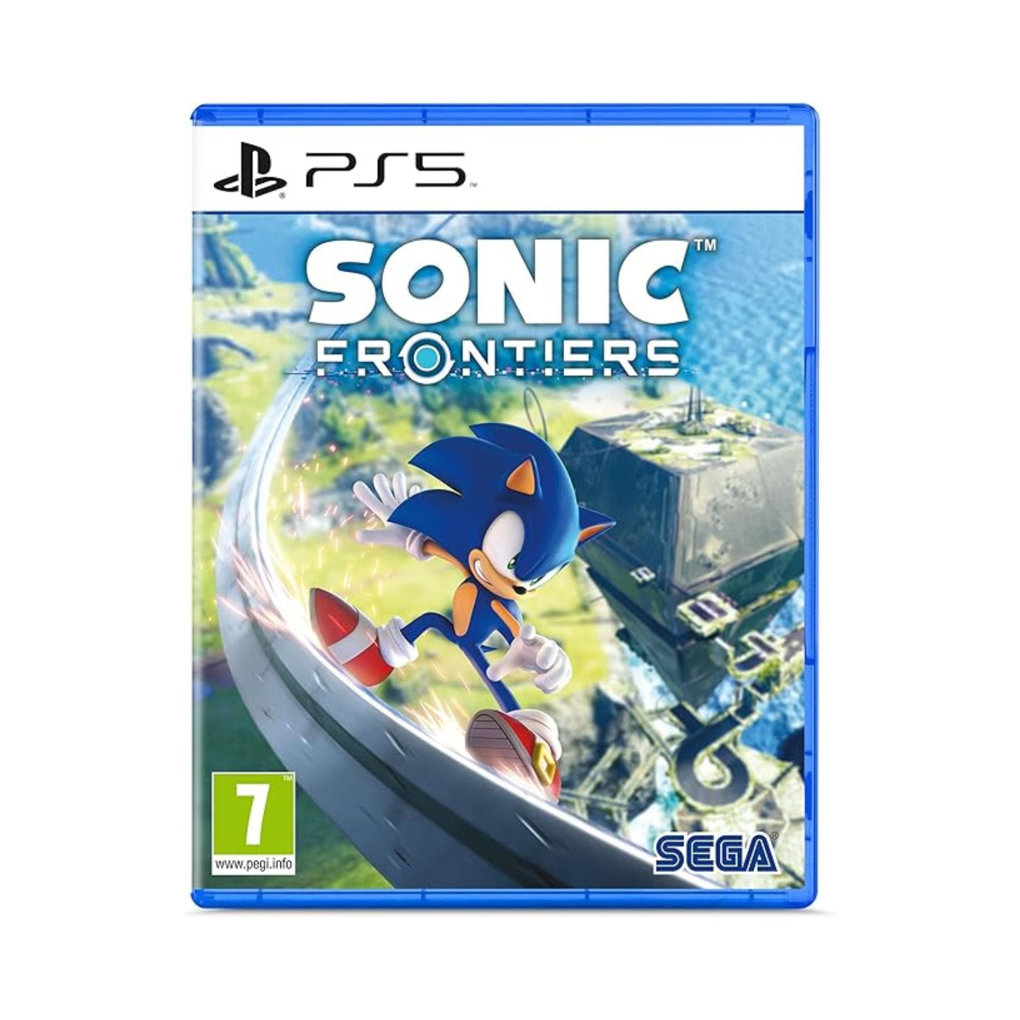 Sonic Frontiers game case for PS5 with Sonic the Hedgehog on a white background