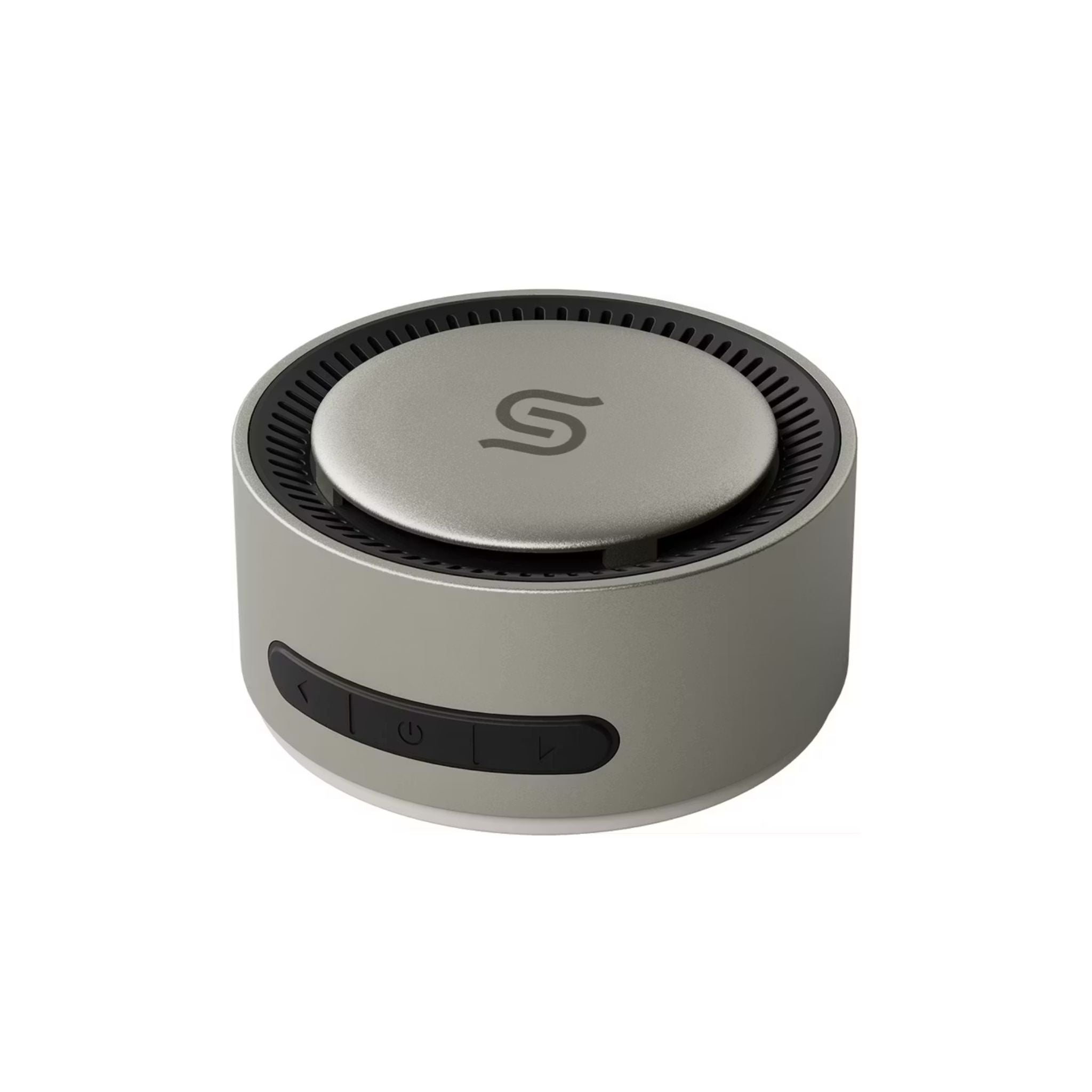 Round gray device with black accents on a white background