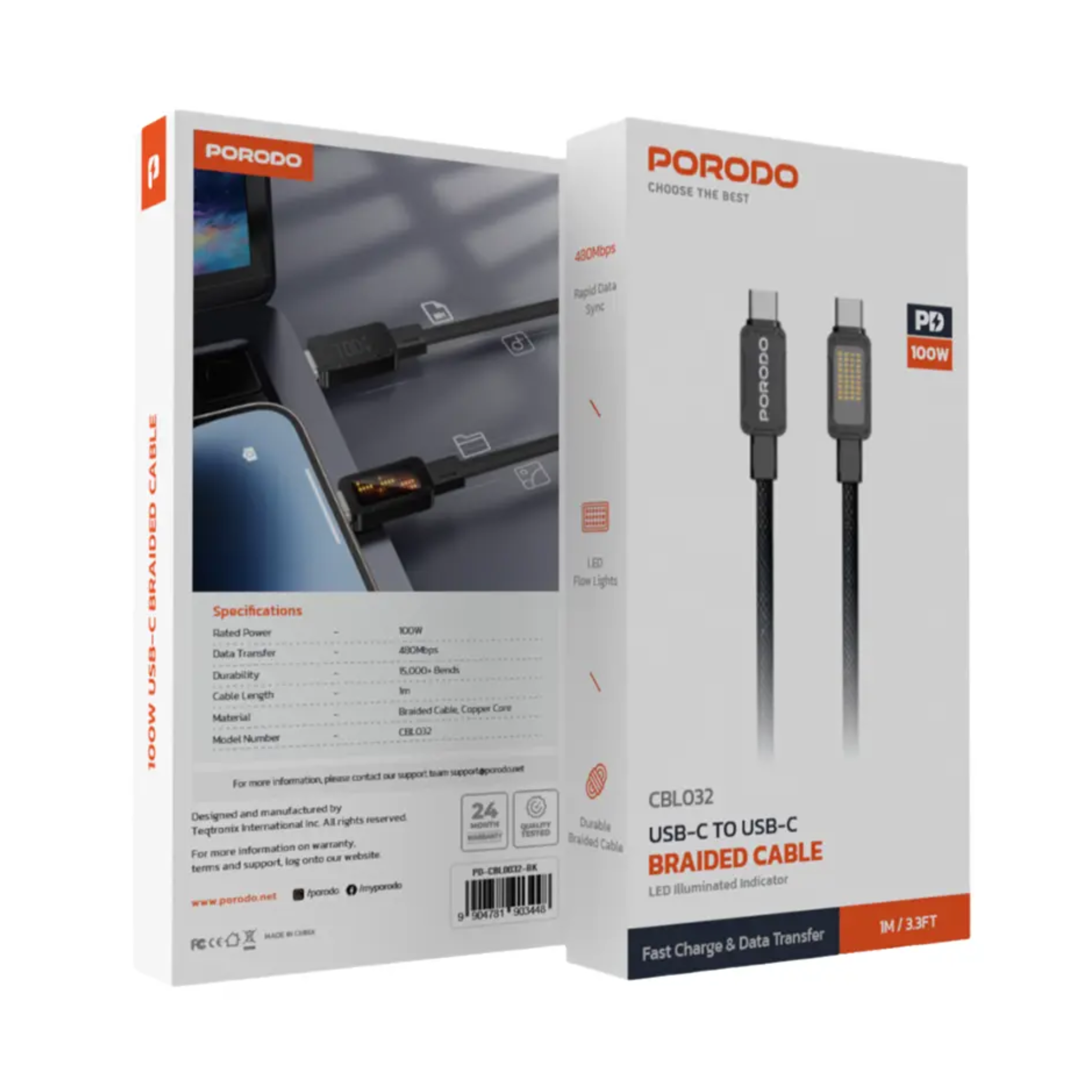 Porodo USB-C to USB-C Braided Cable with 100W Rated Power, 480Mbps Data Transfer, 1m Cable Length, Fast Charging & Data Transfer - Black