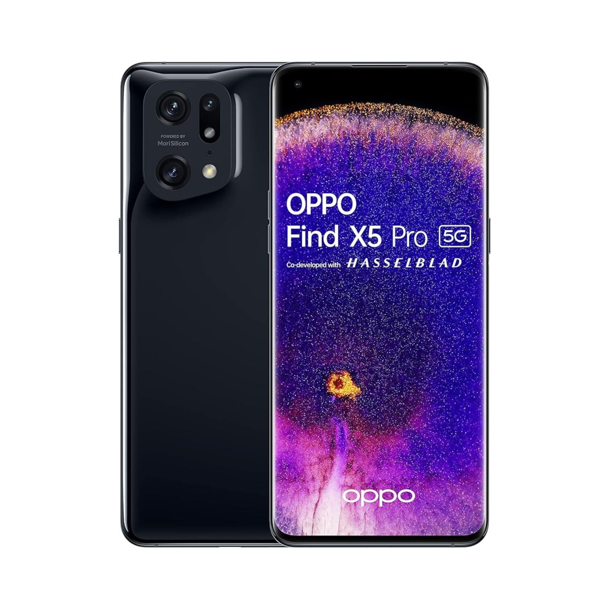 Oppo Find X5 Pro 5G smartphone in Glaze Black color, with the screen displaying the Oppo logo and a colorful wallpaper.