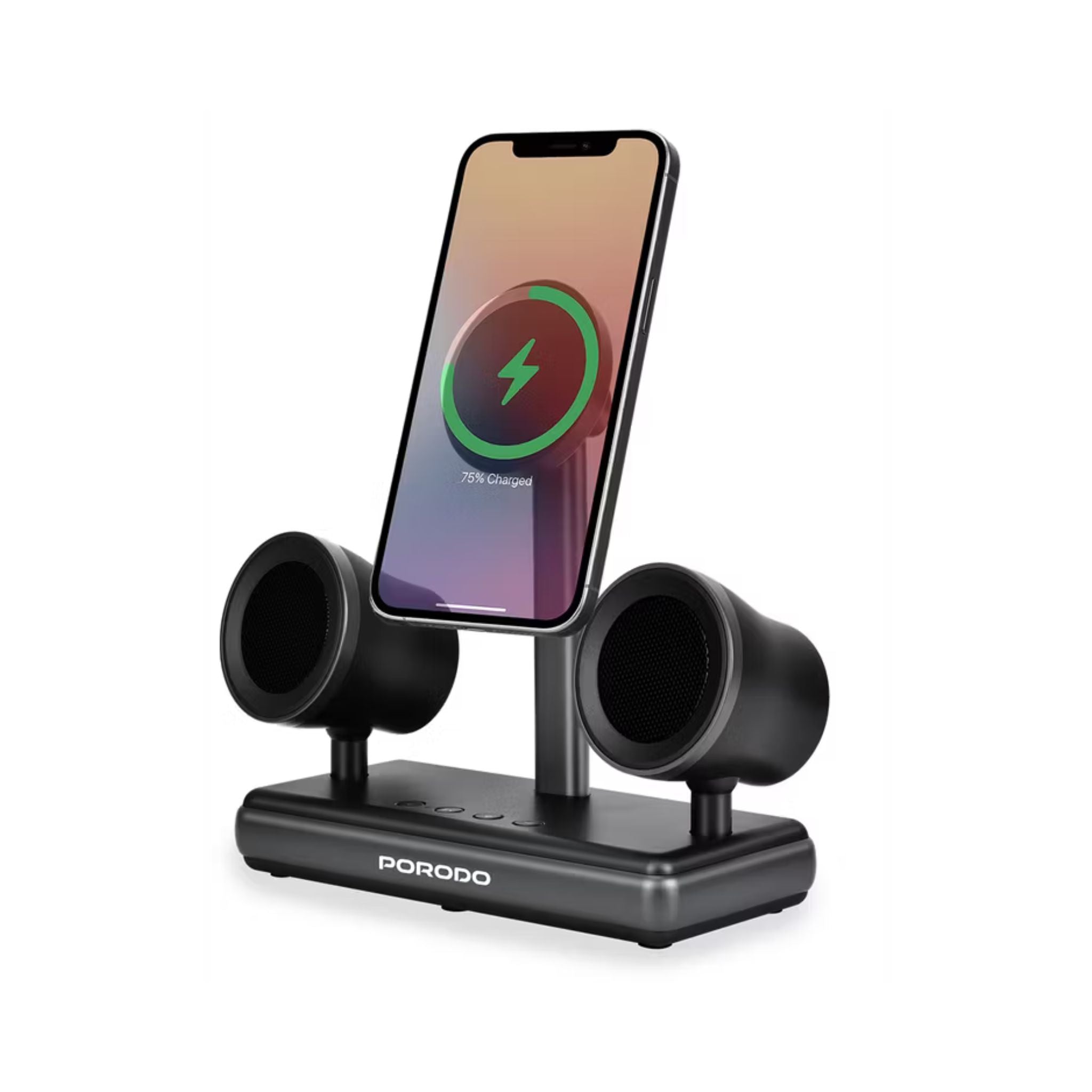Phone charging stand with smartphone on a white background, featuring the brand 'PORODO'.