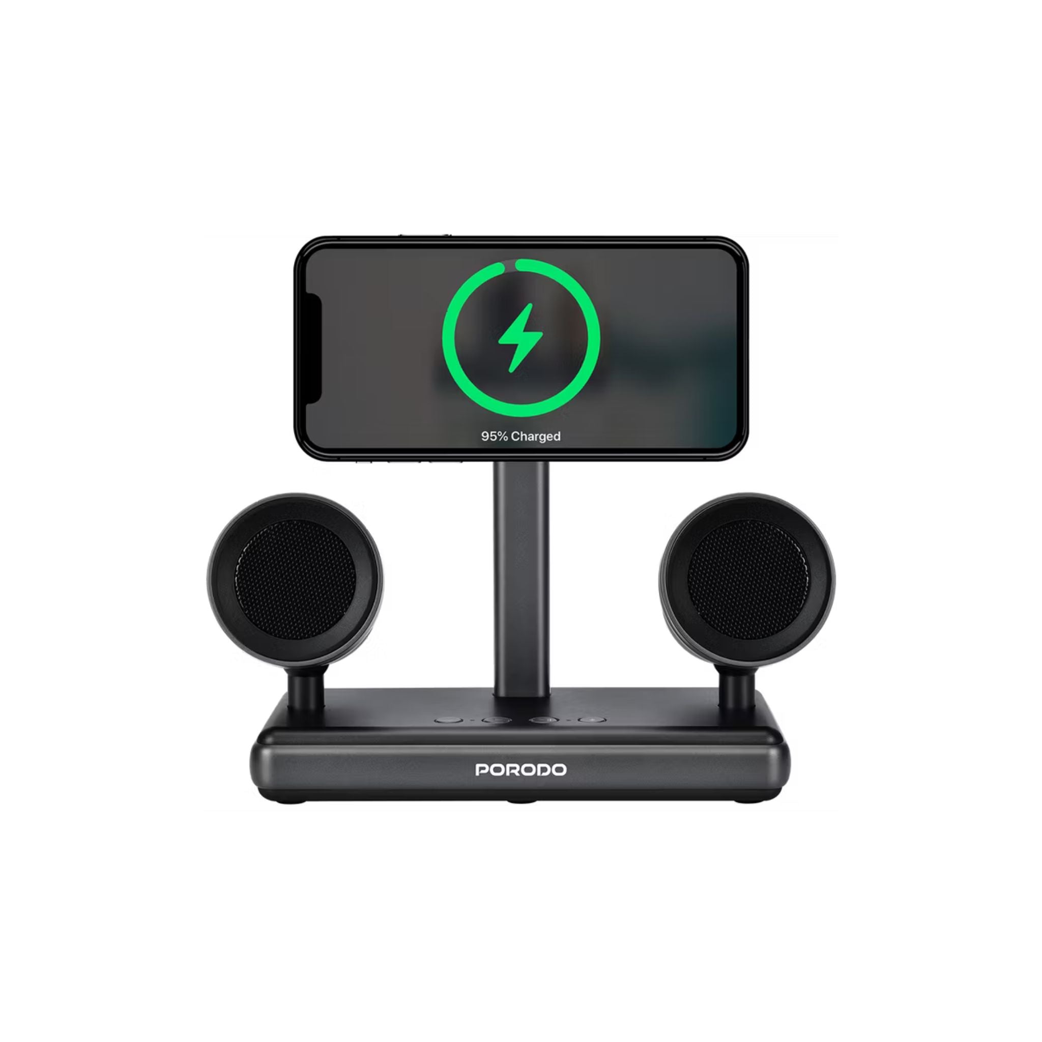 Porodo Speaker Charging Dock with Qi2 Wireless Charging, Compatible with iPhone 12 to 16 Series, 16W Dual Speakers, Built-in Safeguards, HiFi Audio - Black