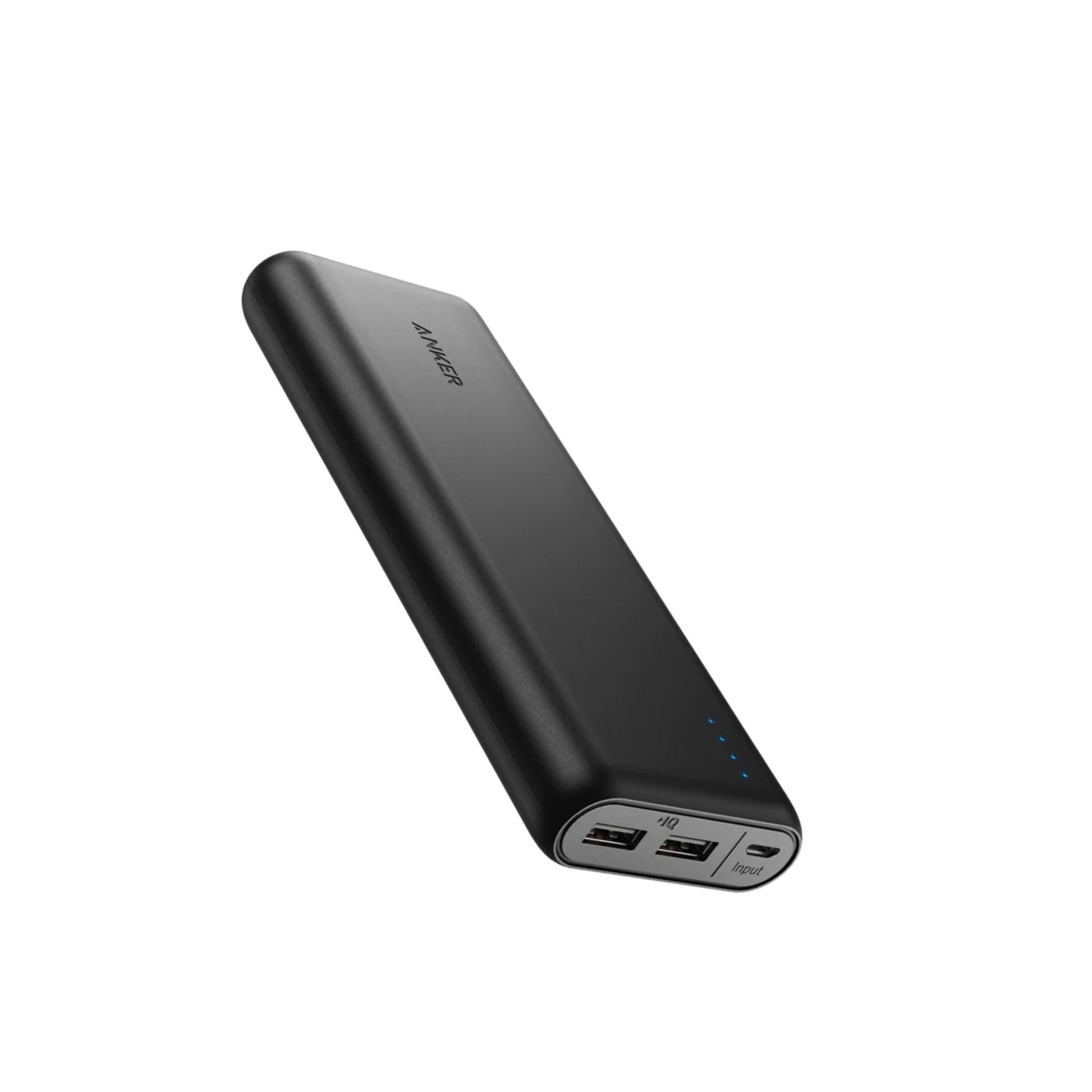 A black Anker PowerCore 20100 portable power bank with LED charging indicators and two USB ports.