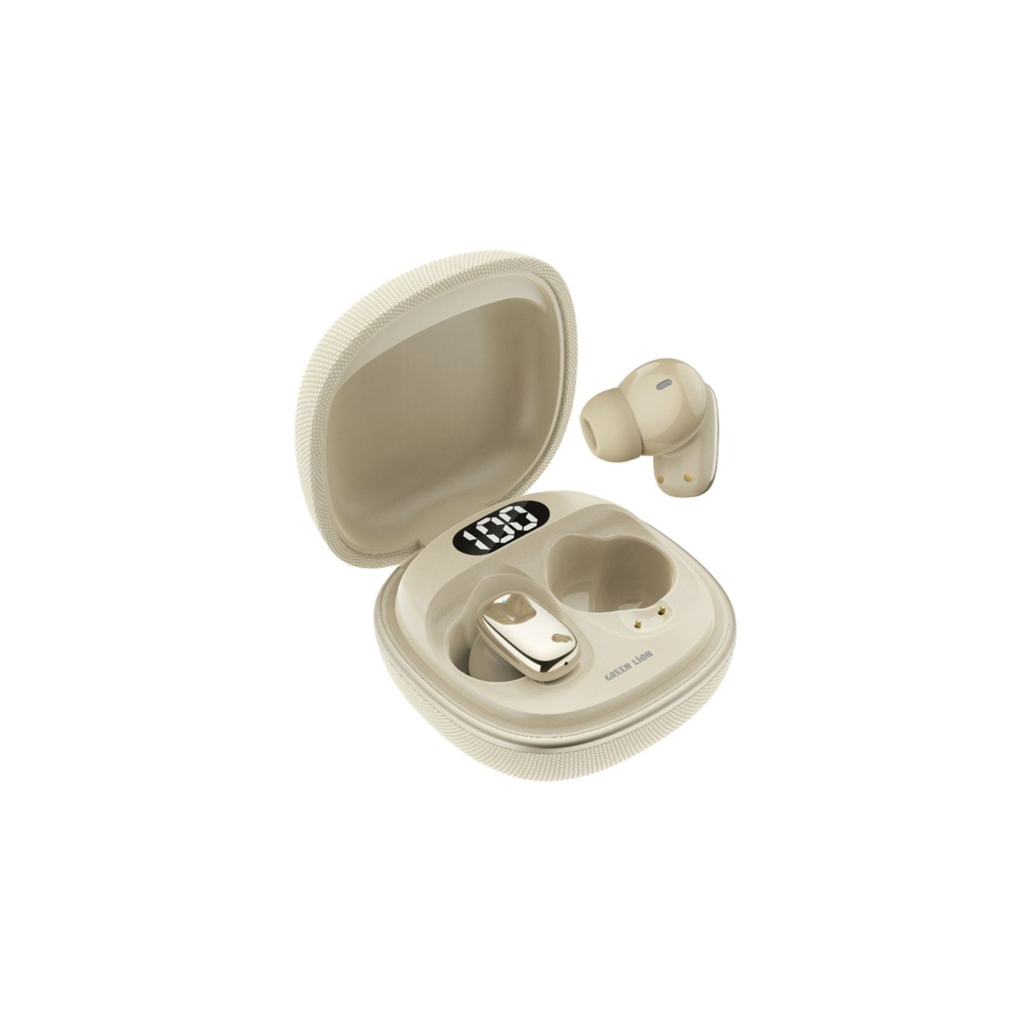 The image shows a pair of beige true wireless earbuds with a charging case, featuring an LED digital display and a metal-accented structure.