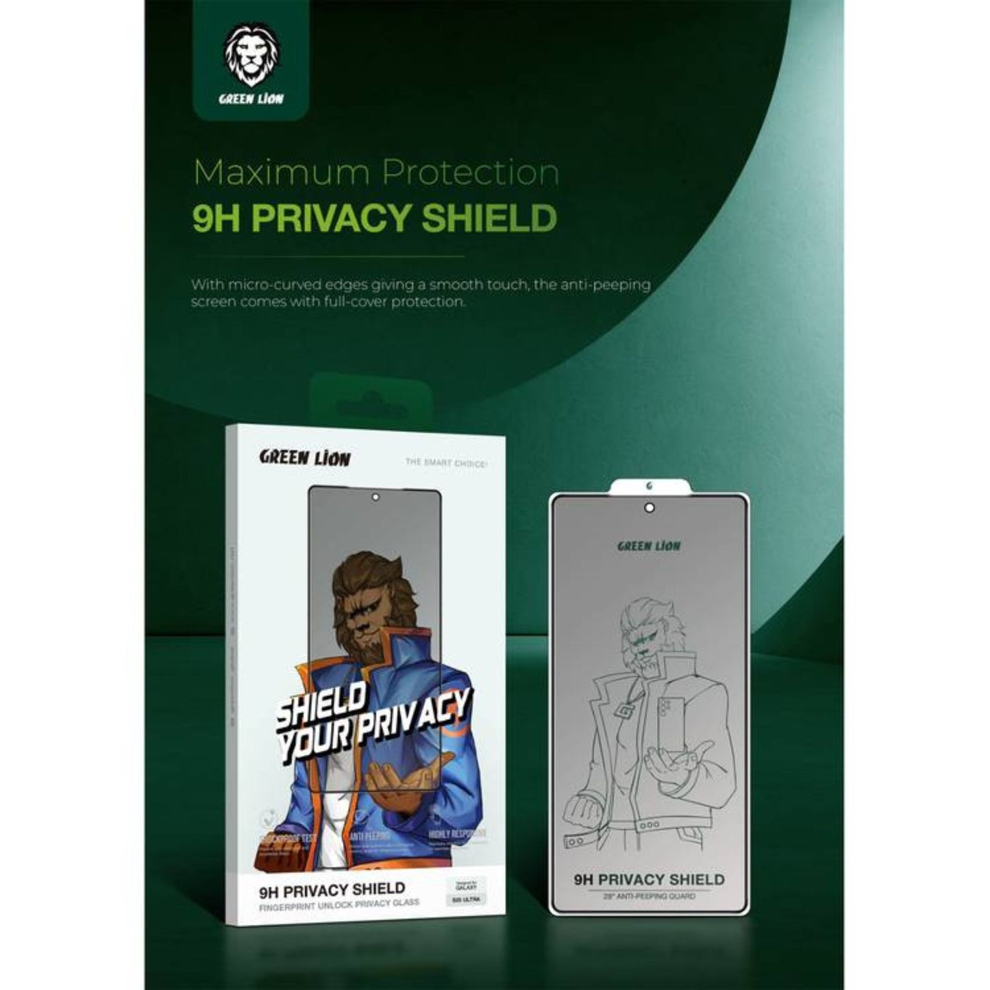 Green Lion 9H Privacy Shield Glass for Samsung S25 Ultra with Fingerprint Unlock, Anti Scratch, Bubble Free, Shockproof, Responsive Touch, Easy Installation - Privacy