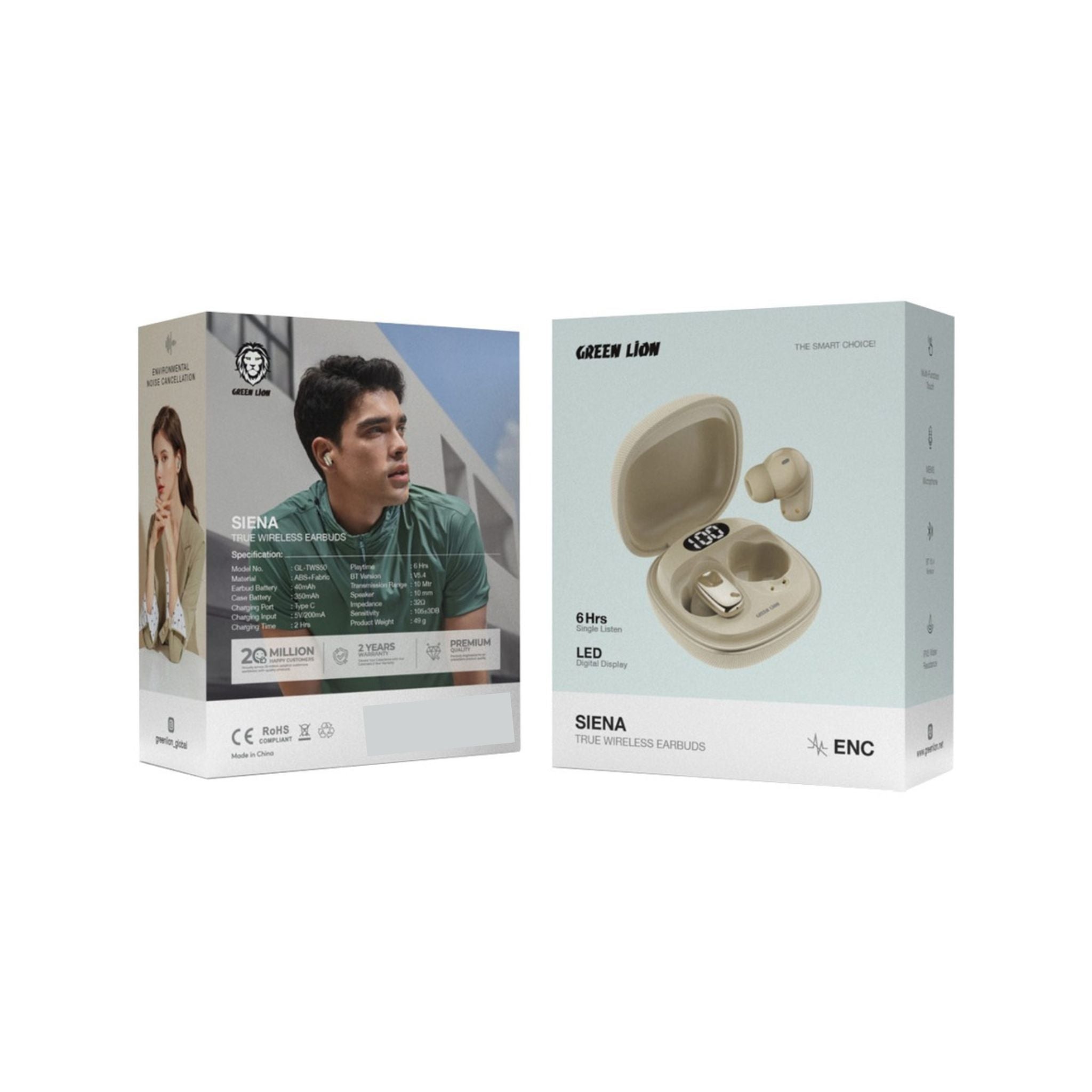 Green Lion SIENA True Wireless Earbuds, IPX5 Water Resistance, LED Digital Display, Bluetooth Version 5.4 - Beige