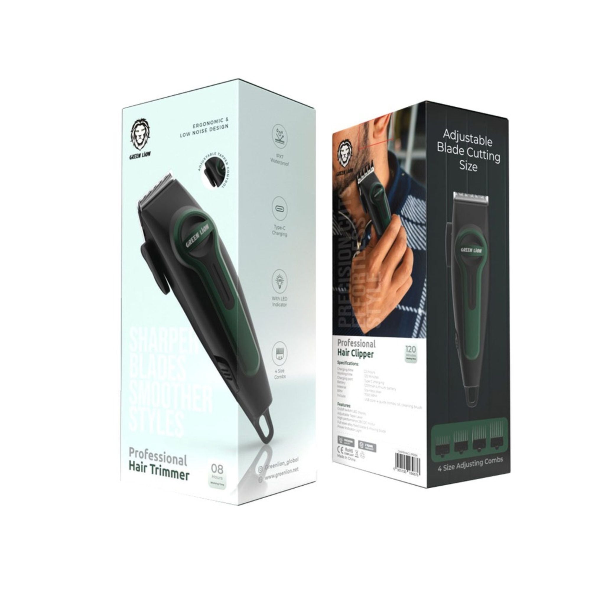 Green Lion Professional Hair Clipper with 4 Size Combs, Stainless Steel Material, 120 Minutes Working Time, 2.5 Hours Charging Time, 1200mAh Lithium Battery, Type-C Charging Port, LED Indicator - Black