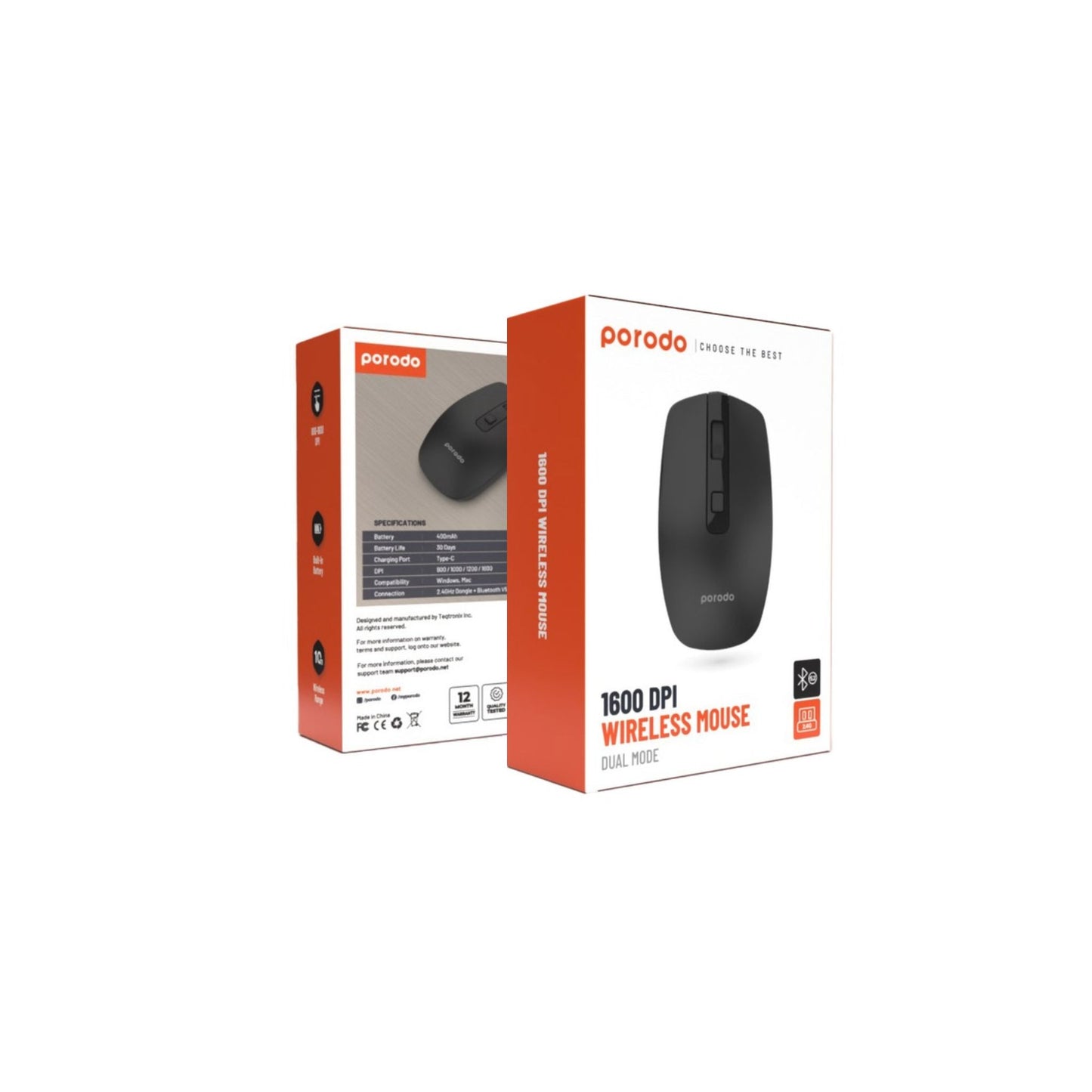 Porodo 2.4G Wireless and Bluetooth Rechargeable Mouse DPI 1600-Black