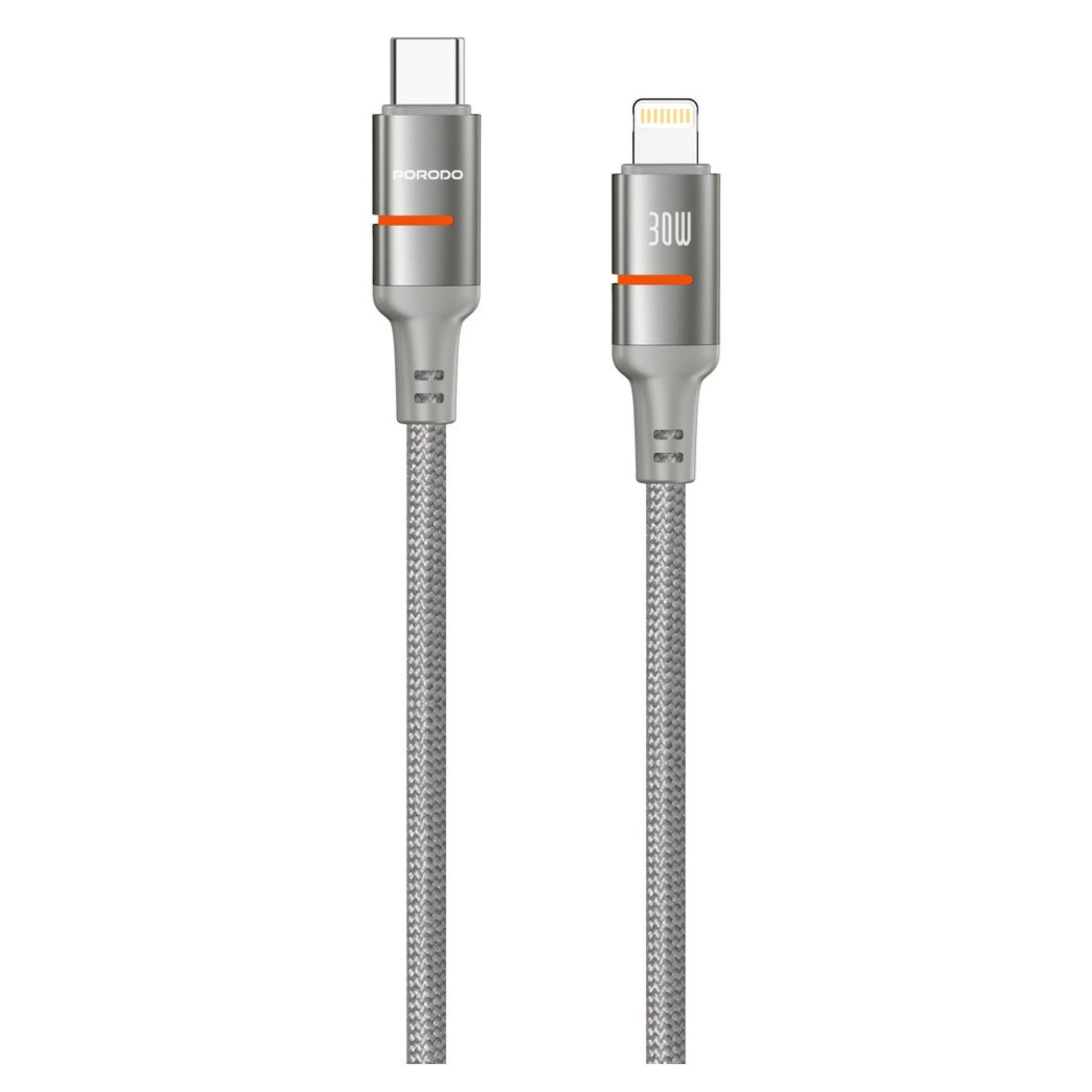 A grey Porodo braided cable with a USB-C connector on one end and a Lightning connector on the other, displayed against a white background.