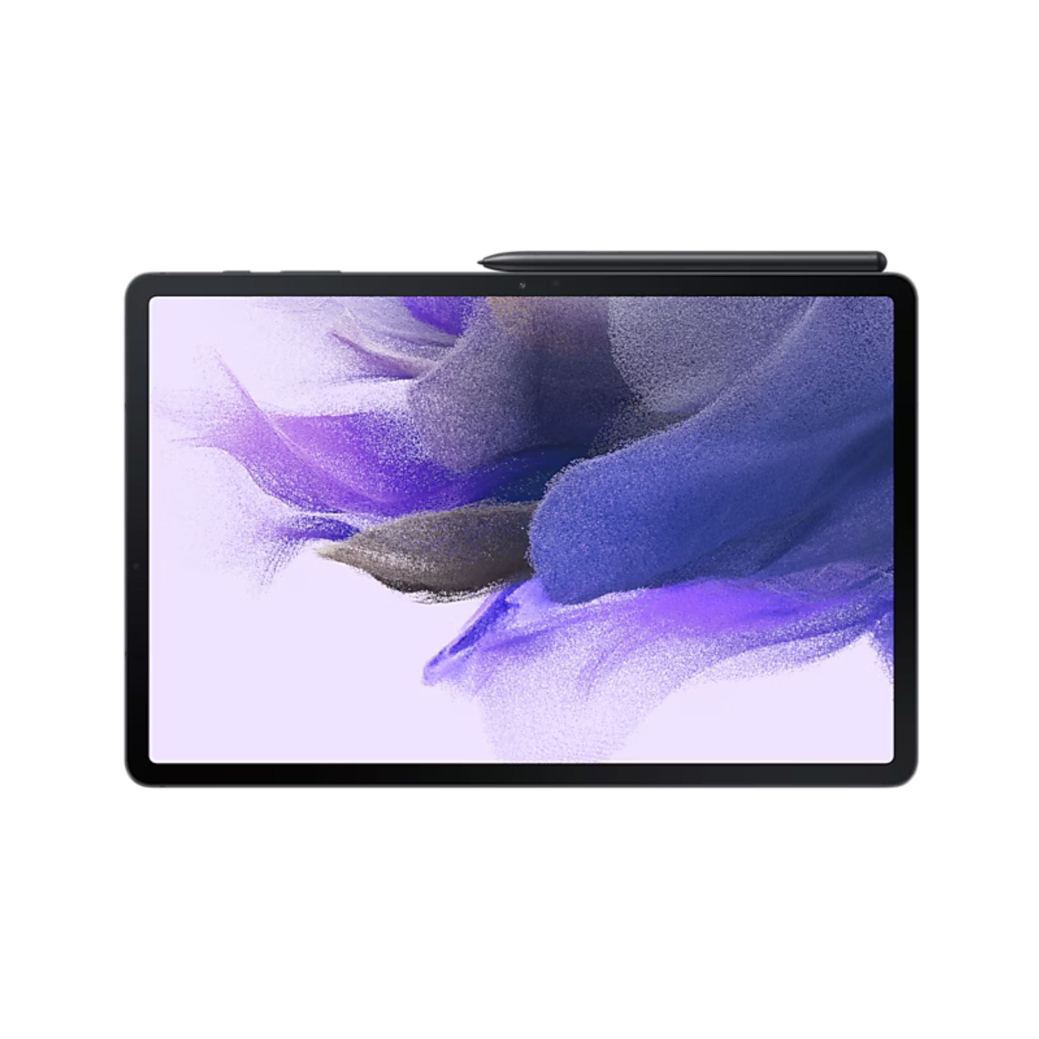 Samsung Galaxy Tab S7 FE Wifi Tablet in Mystic Black color with a stylus, displaying a purple and white image on the screen.