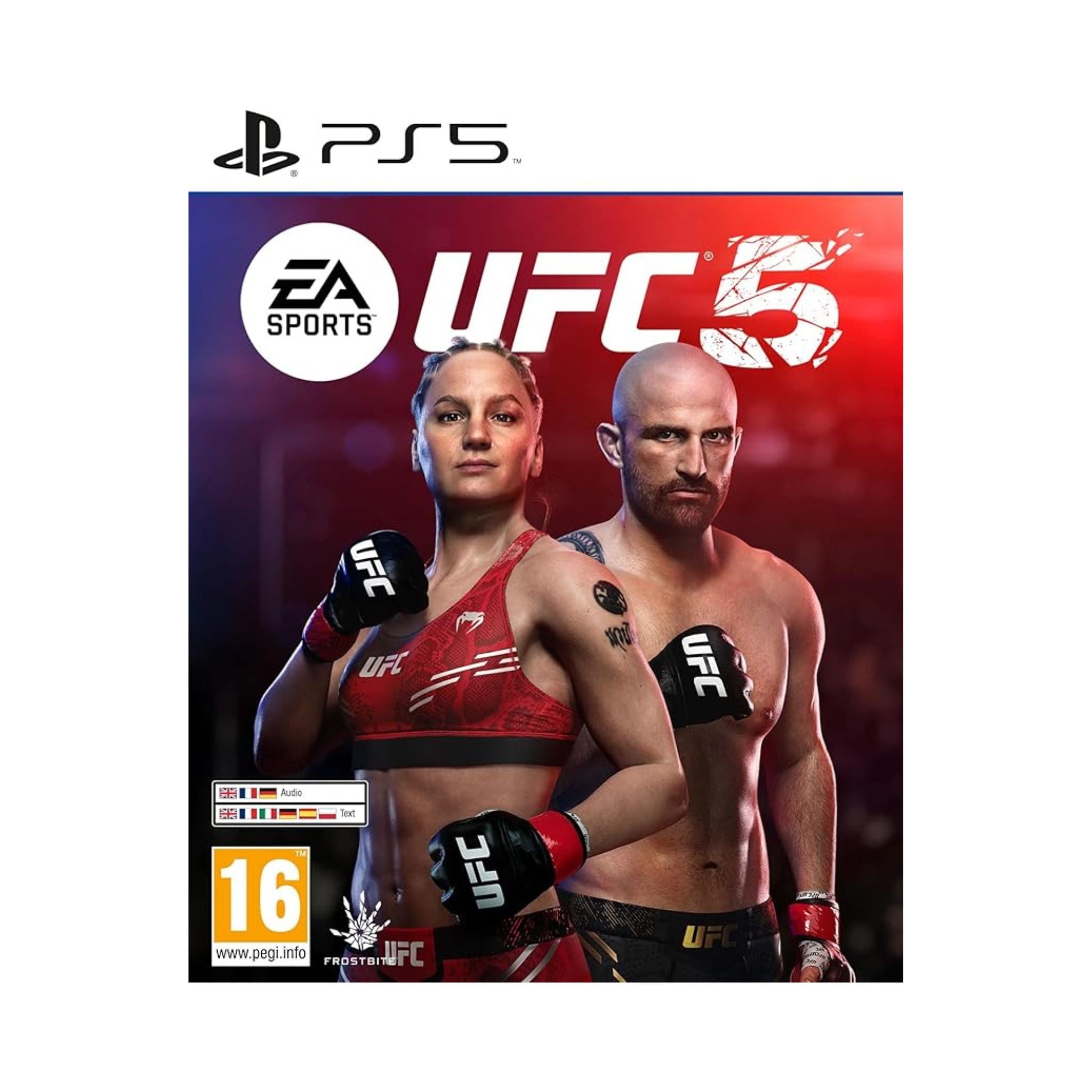 UFC 5 game cover for PlayStation 5 with two fighters on a red and blue background.