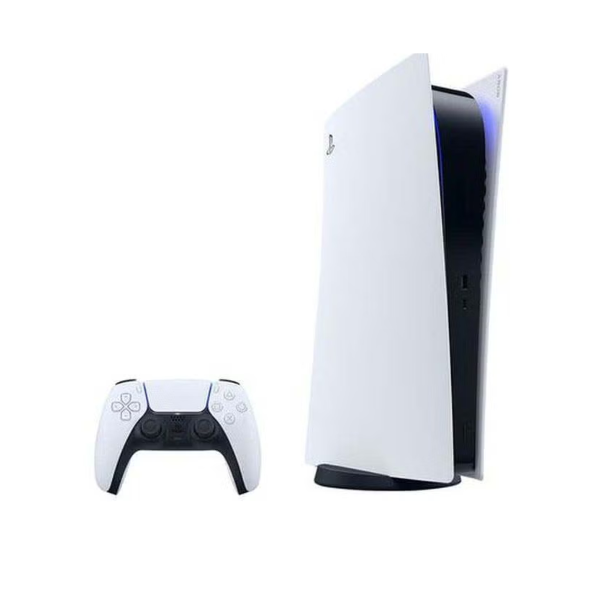 White gaming console and controller on a white background
