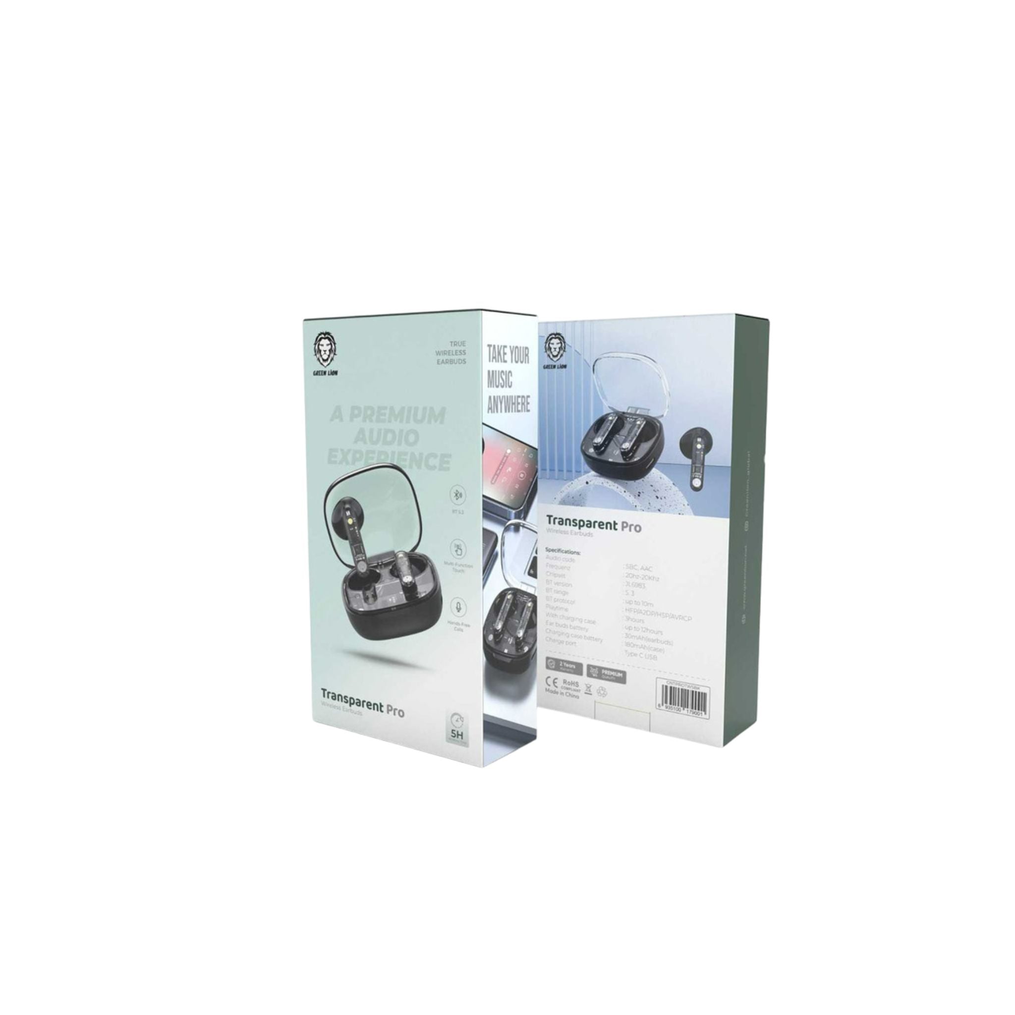 Green Lion Transparent Pro Wireless Earbuds, 3 Hours Play Time, Up to 12 Hours with Charging Case, 30 mAh Each Earbud, 180 mAh Charging Case Battery, UpTo 10m Bluetooth Range, Type-C Charging Port,Bluetooth 5.3 - Black